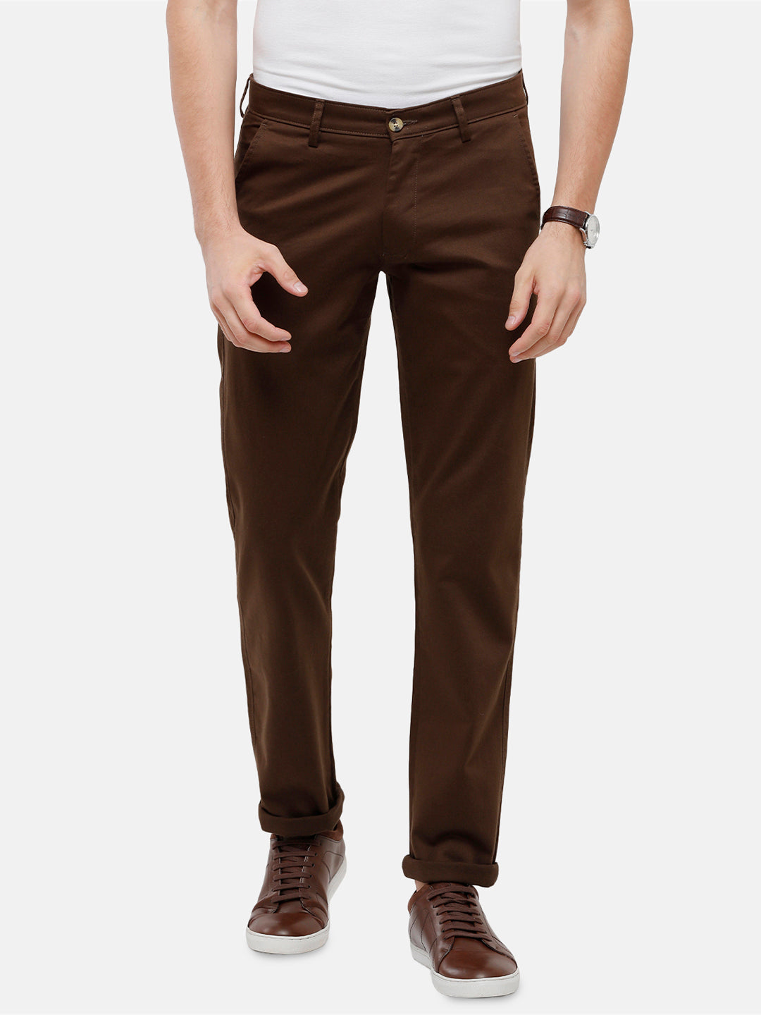 Classic Polo Mens Solid Slim Fit Brown Trousers - Eros Brown