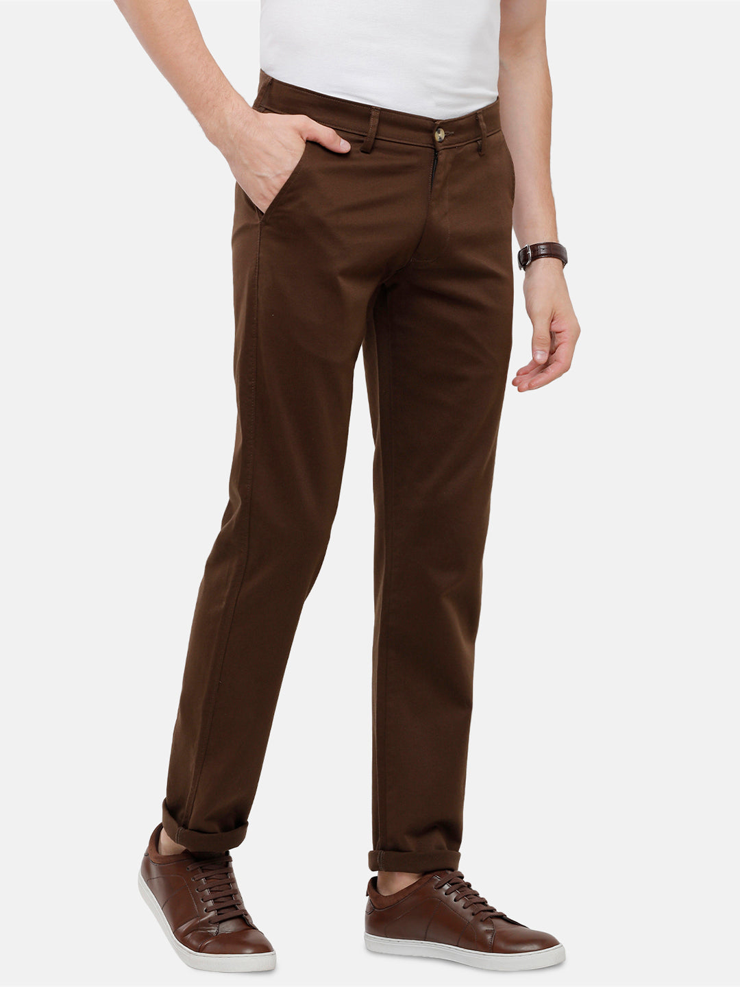Classic Polo Mens Solid Slim Fit Brown Trousers - Eros Brown