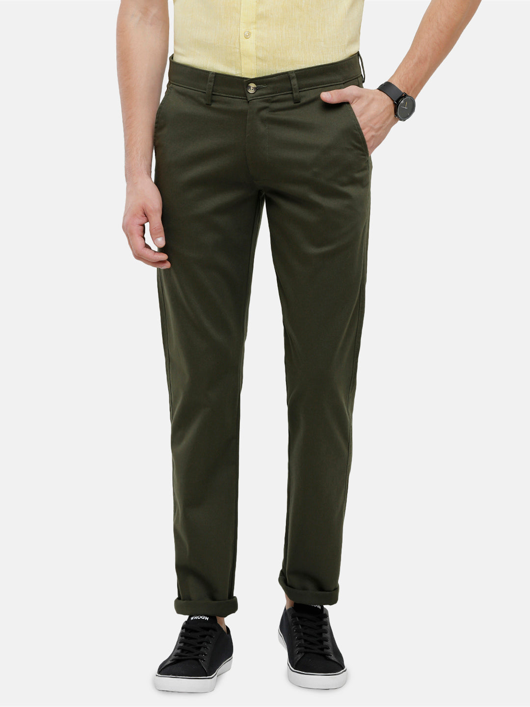 Classic Polo Mens Solid Slim Fit Green Trousers - Eros Olive