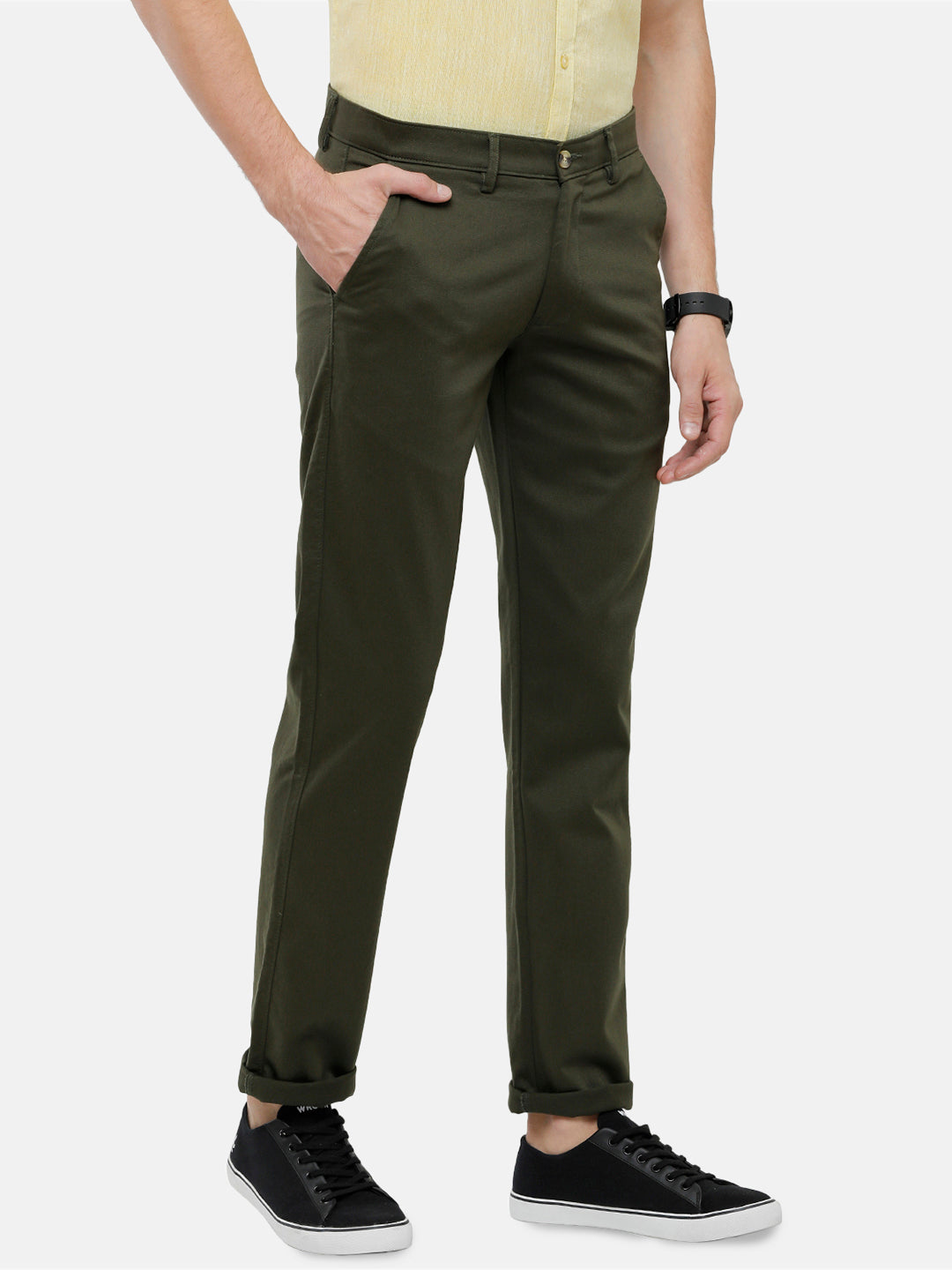 Classic Polo Mens Solid Slim Fit Green Trousers - Eros Olive
