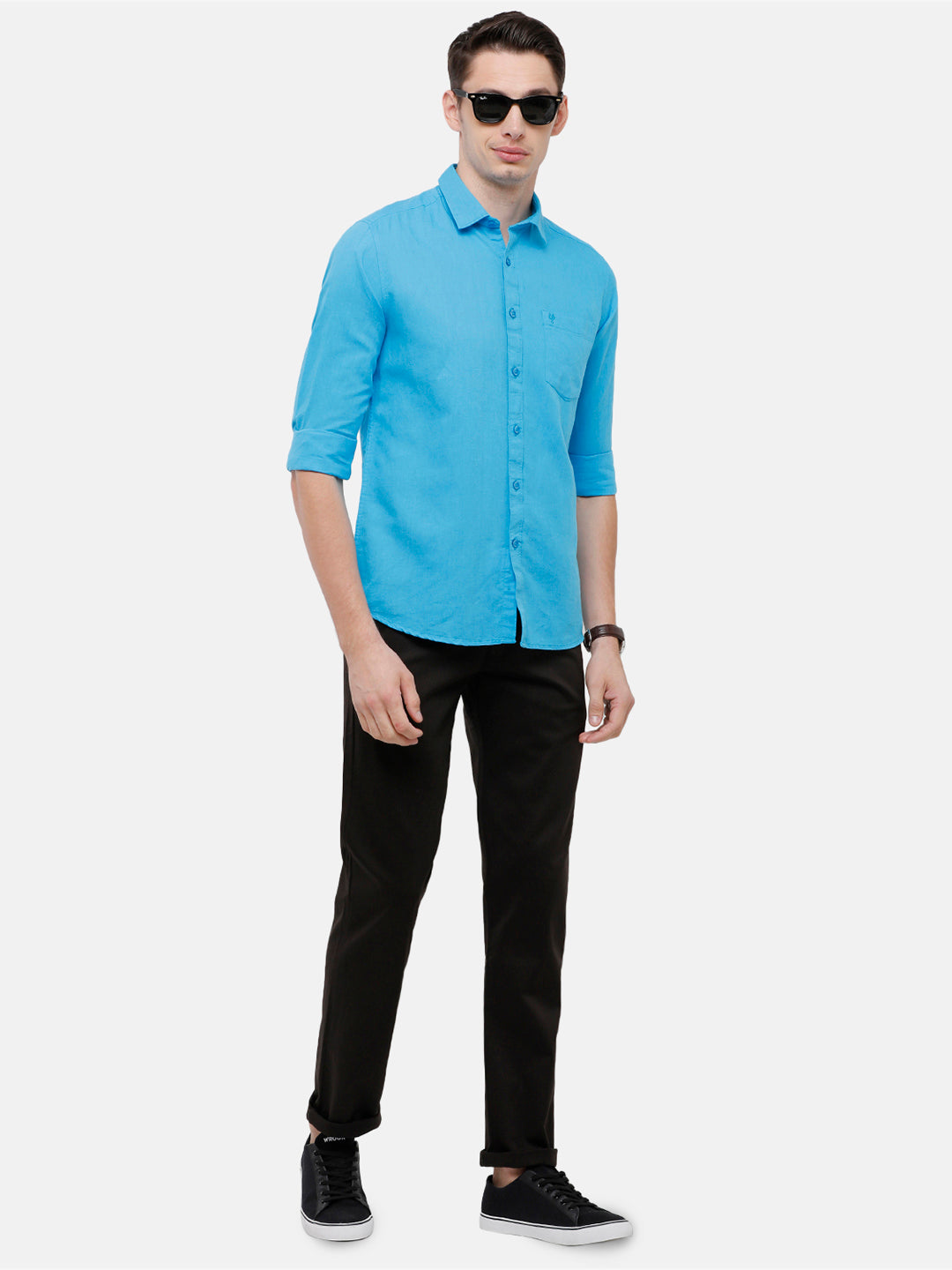 Classic Polo Mens Solid Milano Fit Full Sleeve Polo Neck Blue Woven Shirt -Mica Blue Fs