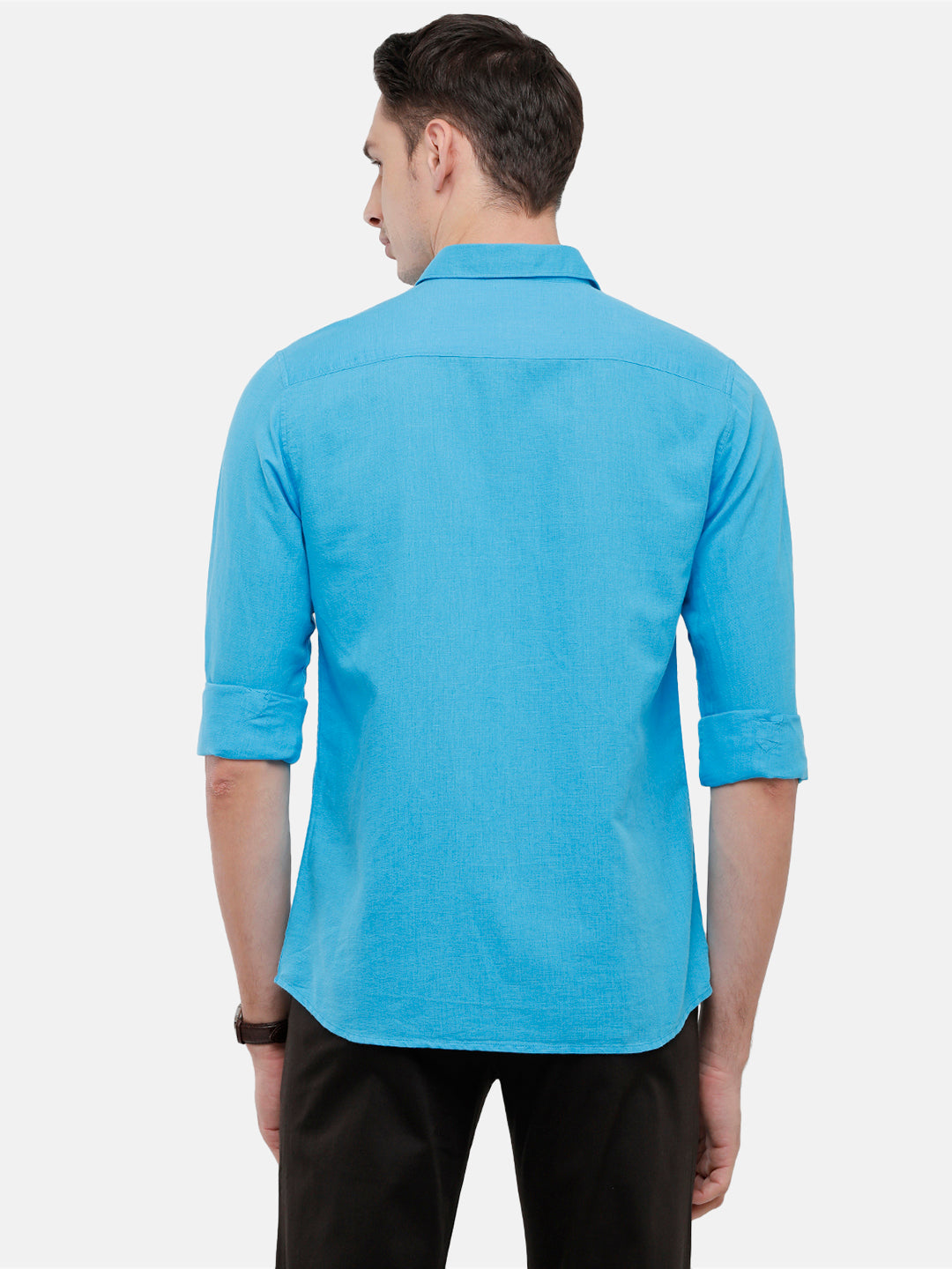 Classic Polo Mens Solid Milano Fit Full Sleeve Polo Neck Blue Woven Shirt -Mica Blue Fs