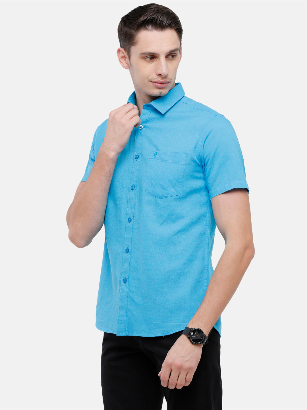 Classic Polo Mens Solid Milano Fit Half Sleeve Polo Neck Blue Woven Shirt -Mica Blue HS
