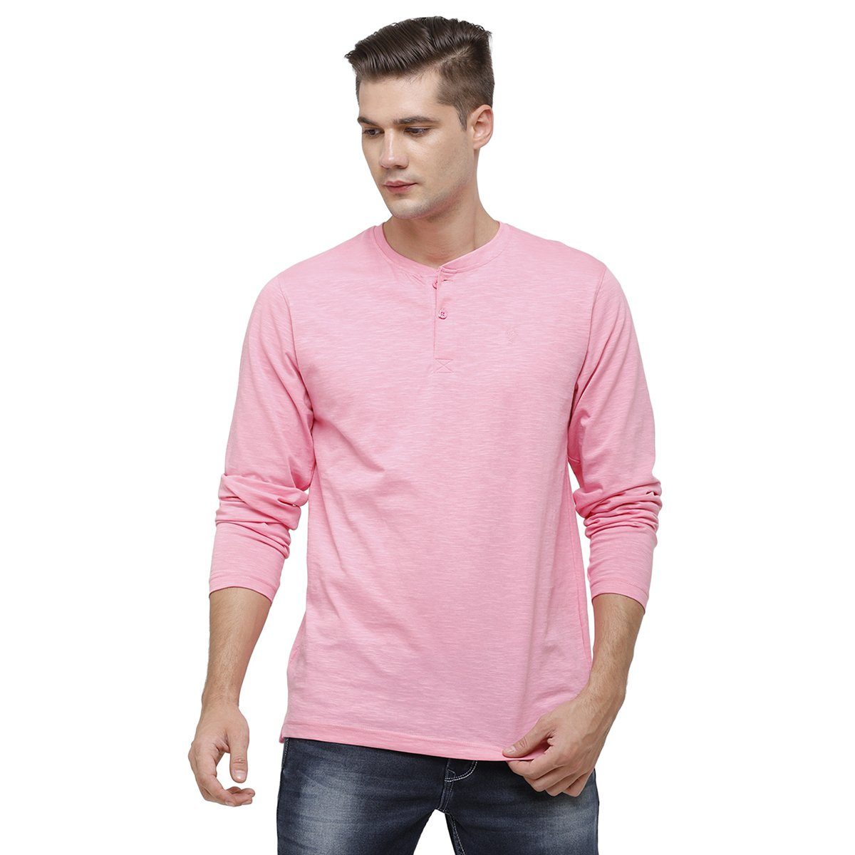 Classic polo Men's Pink Full Sleeve Slim Fit Henley Crew T-Shirt - Ozel - Begonia Pink T-shirt Classic Polo 