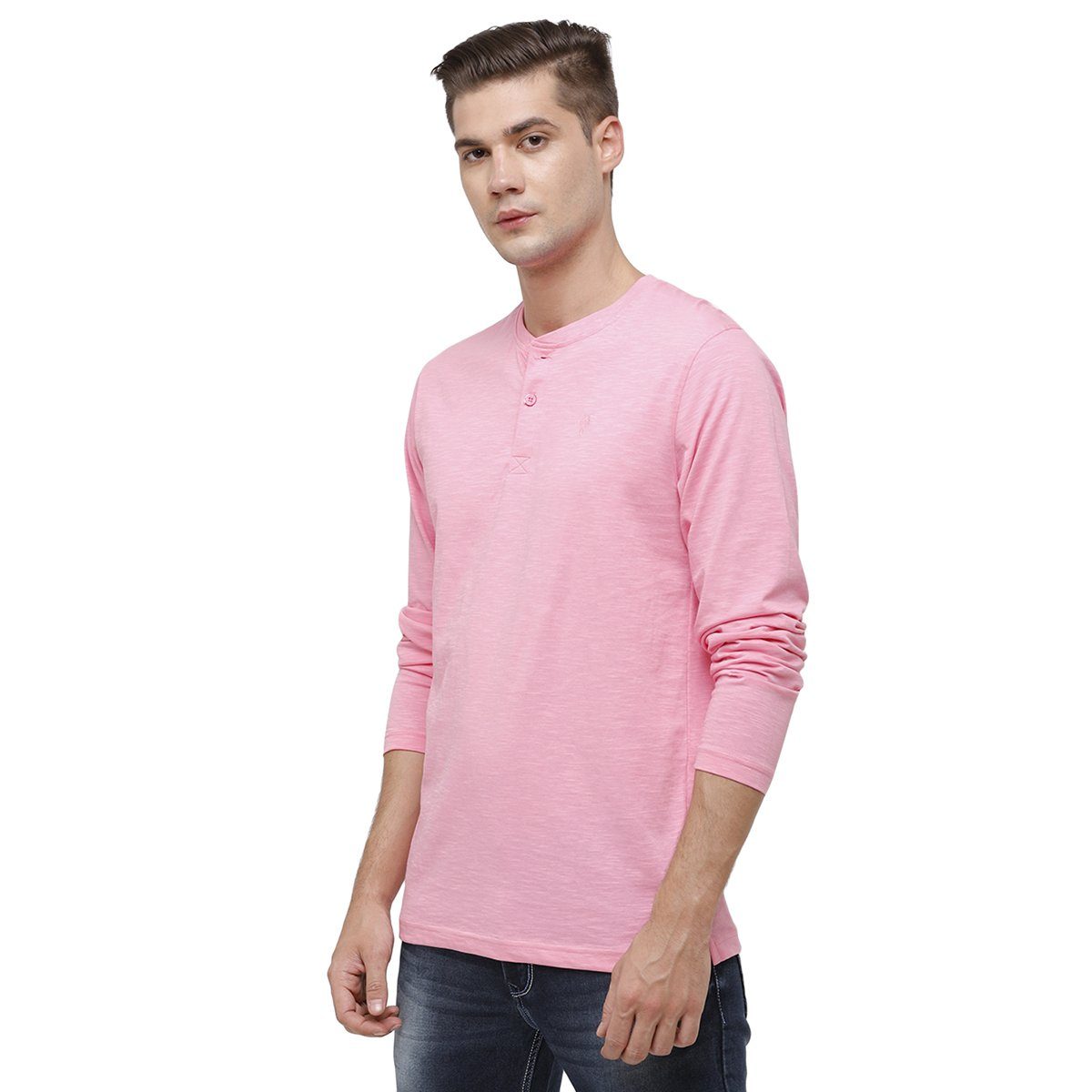 Classic polo Men's Pink Full Sleeve Slim Fit Henley Crew T-Shirt - Ozel - Begonia Pink T-shirt Classic Polo 