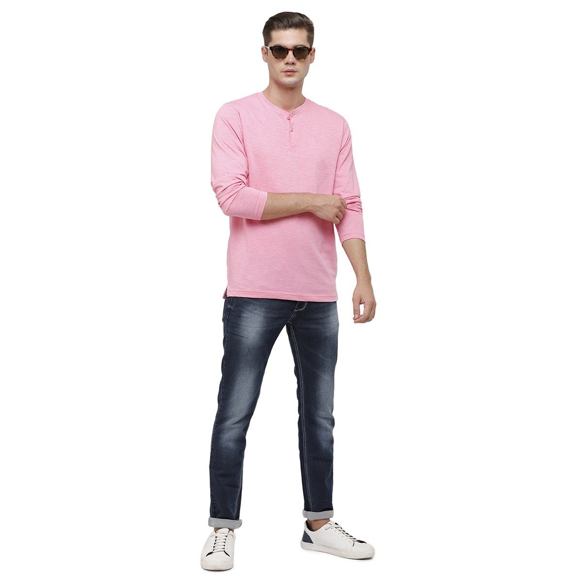 Classic polo Men's Pink Full Sleeve Slim Fit Henley Crew T-Shirt - Ozel - Begonia Pink T-shirt Classic Polo 