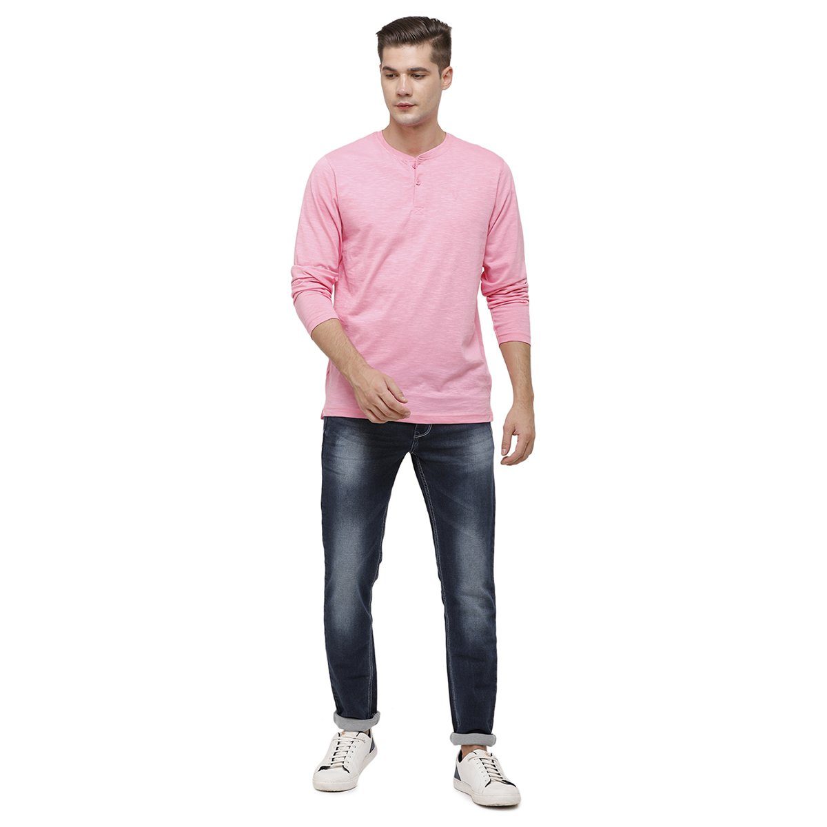 Classic polo Men's Pink Full Sleeve Slim Fit Henley Crew T-Shirt - Ozel - Begonia Pink T-shirt Classic Polo 
