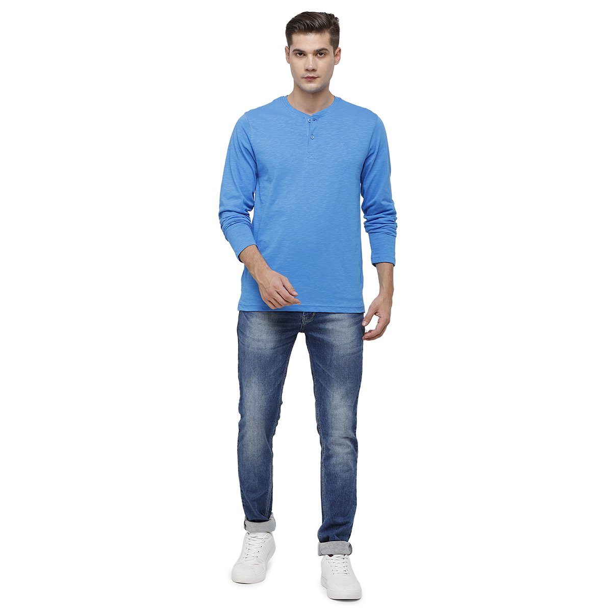 Classic polo Men's Blue Full Sleeve Slim Fit Henley Crew T-Shirt - Ozel - Classic Blue Classic Polo 