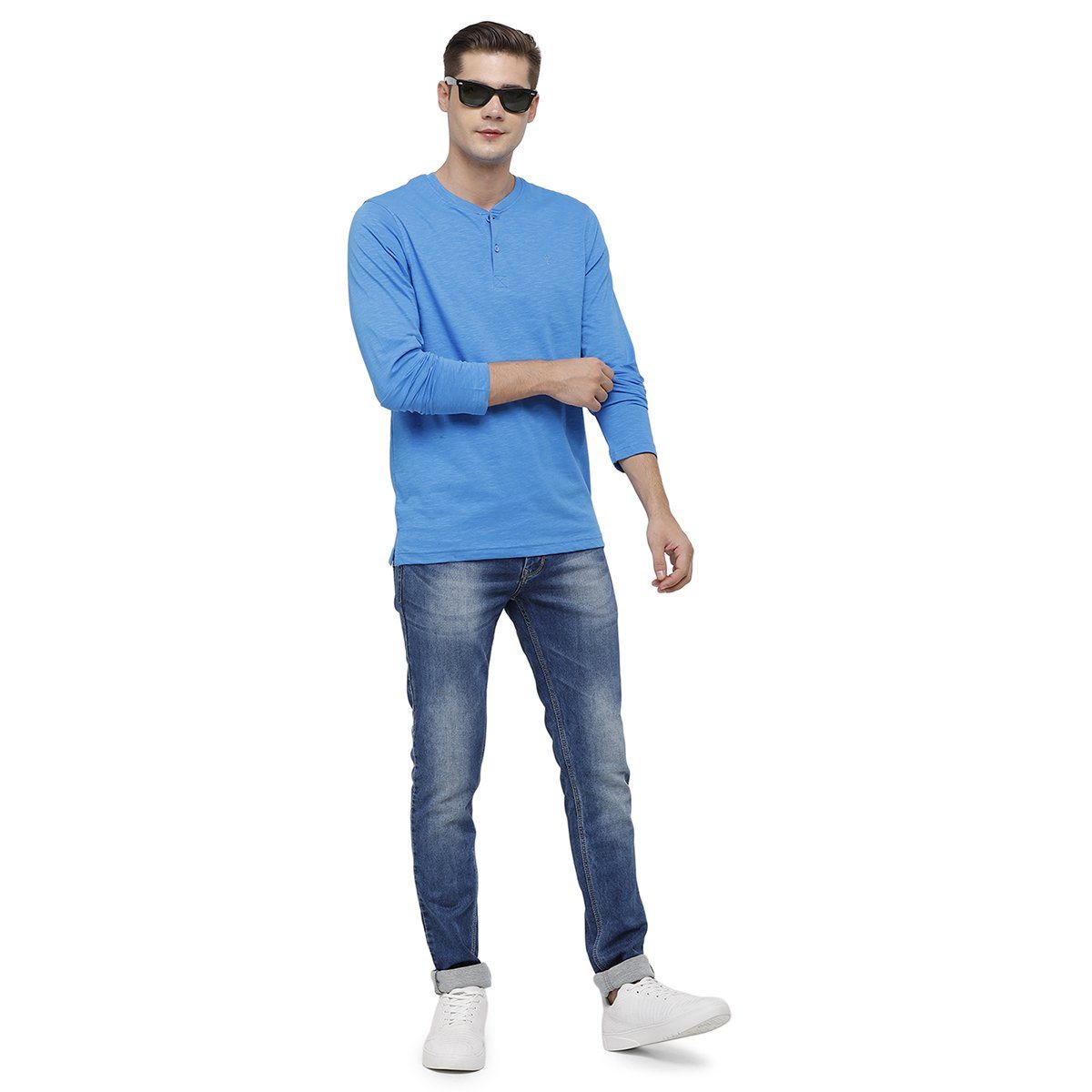 Classic polo Men's Blue Full Sleeve Slim Fit Henley Crew T-Shirt - Ozel - Classic Blue Classic Polo 