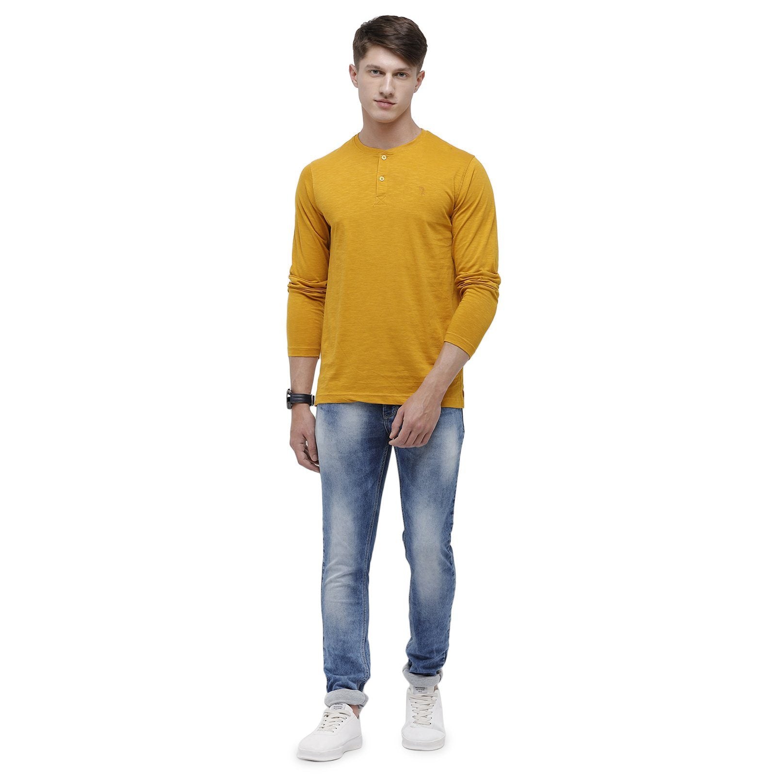 Classic polo Men's Mustard Full Sleeve Slim Fit Henley Crew T-Shirt - Ozel-G.Yellow T-shirt Classic Polo 