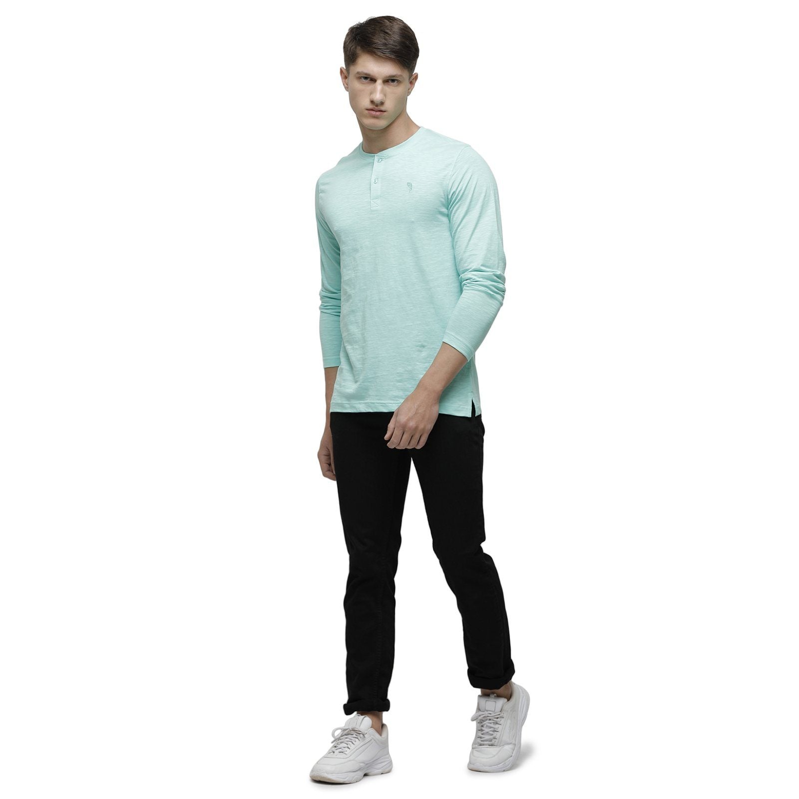 Classic polo Men's Turquoise Full Sleeve Slim Fit Henley Crew T-Shirt - Ozel- Lt. Grass T-shirt Classic Polo 