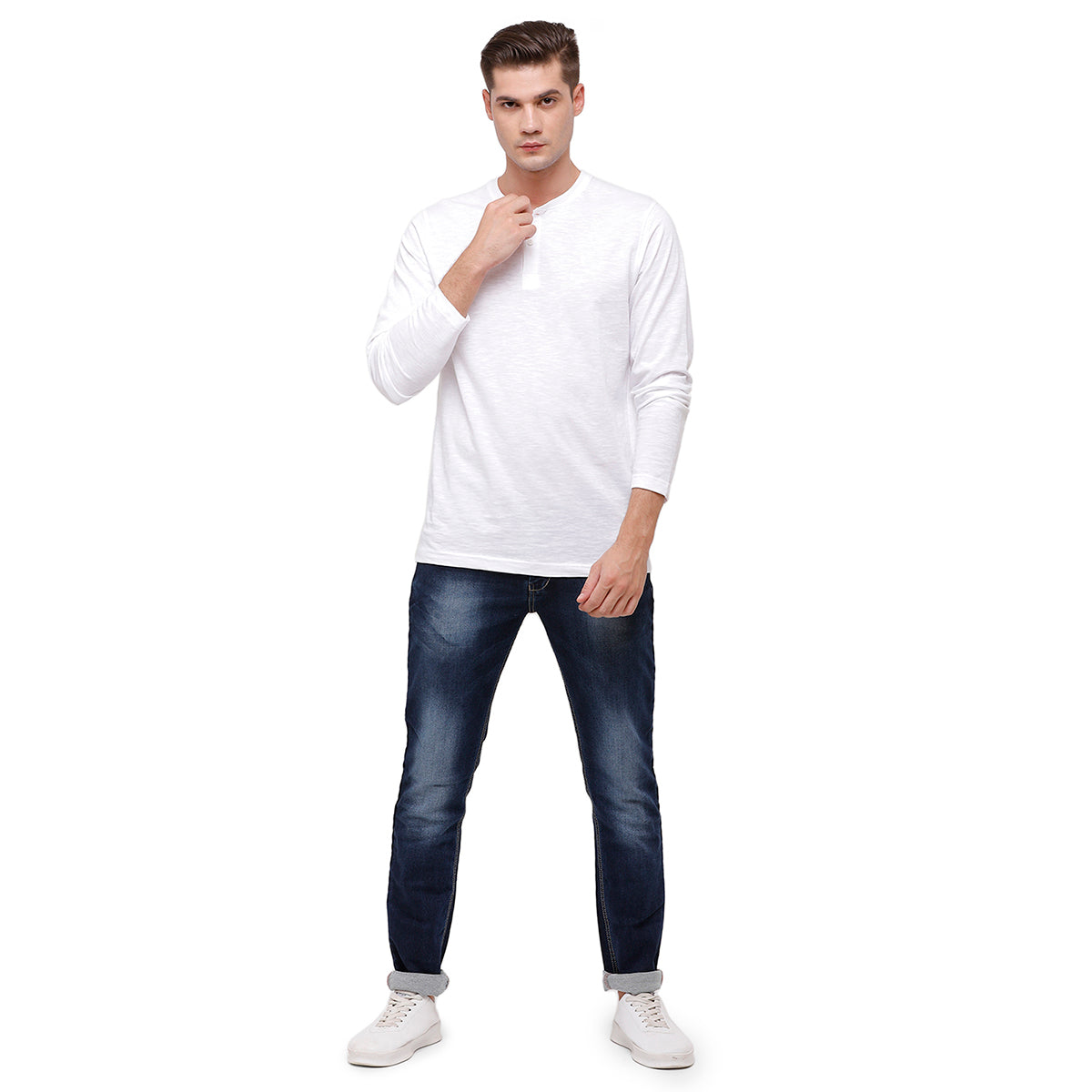 Classic polo Men's Mustard Full Sleeve Slim Fit Henley Crew T-Shirt - Ozel - White T-shirt Classic Polo 