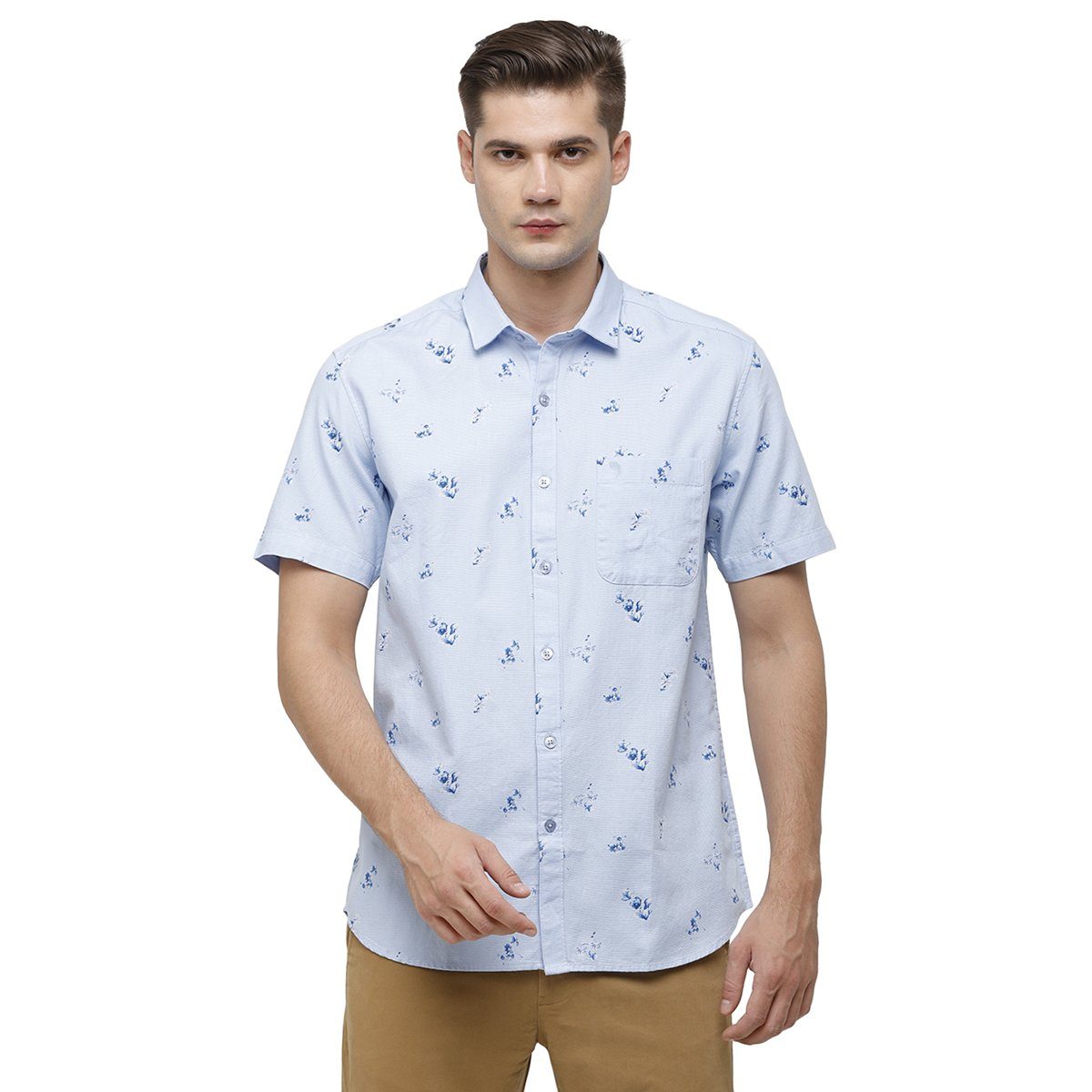 Swiss Club Mens Collar Neck Half Sleeve Sky Blue Slim Fit 100% Cotton Woven Shirt S-SC-71 A-HS-PRT-SF Shirts Swiss Club 