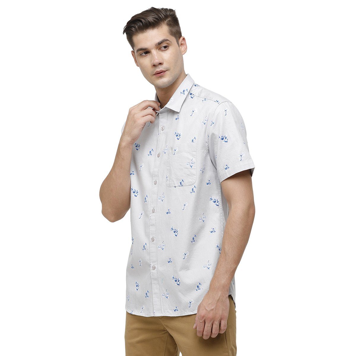 Swiss Club Mens Collar Neck Half Sleeve Grey Slim Fit 100% Cotton Woven Shirt S-SC-71 B-HS-PRT-SF Shirts Swiss Club 