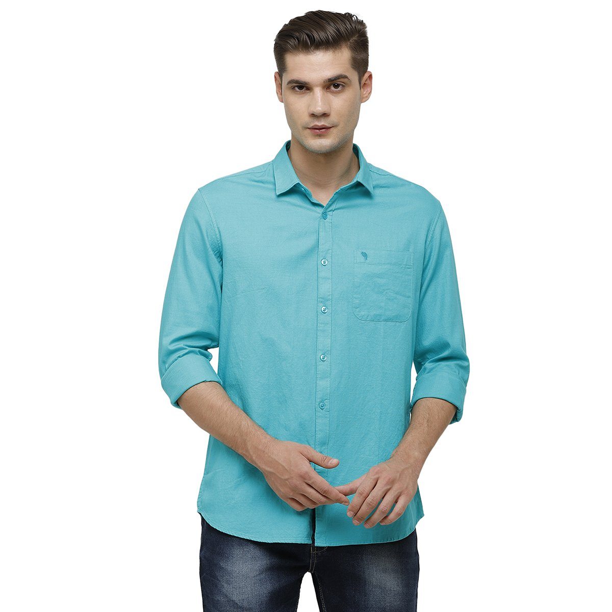 Swiss Club Mens Collar Neck Full Sleeve Turquoise Slim Fit 100% Cotton Woven Shirt S-SC-65 B-FS-SLD-SF Shirts Swiss Club 