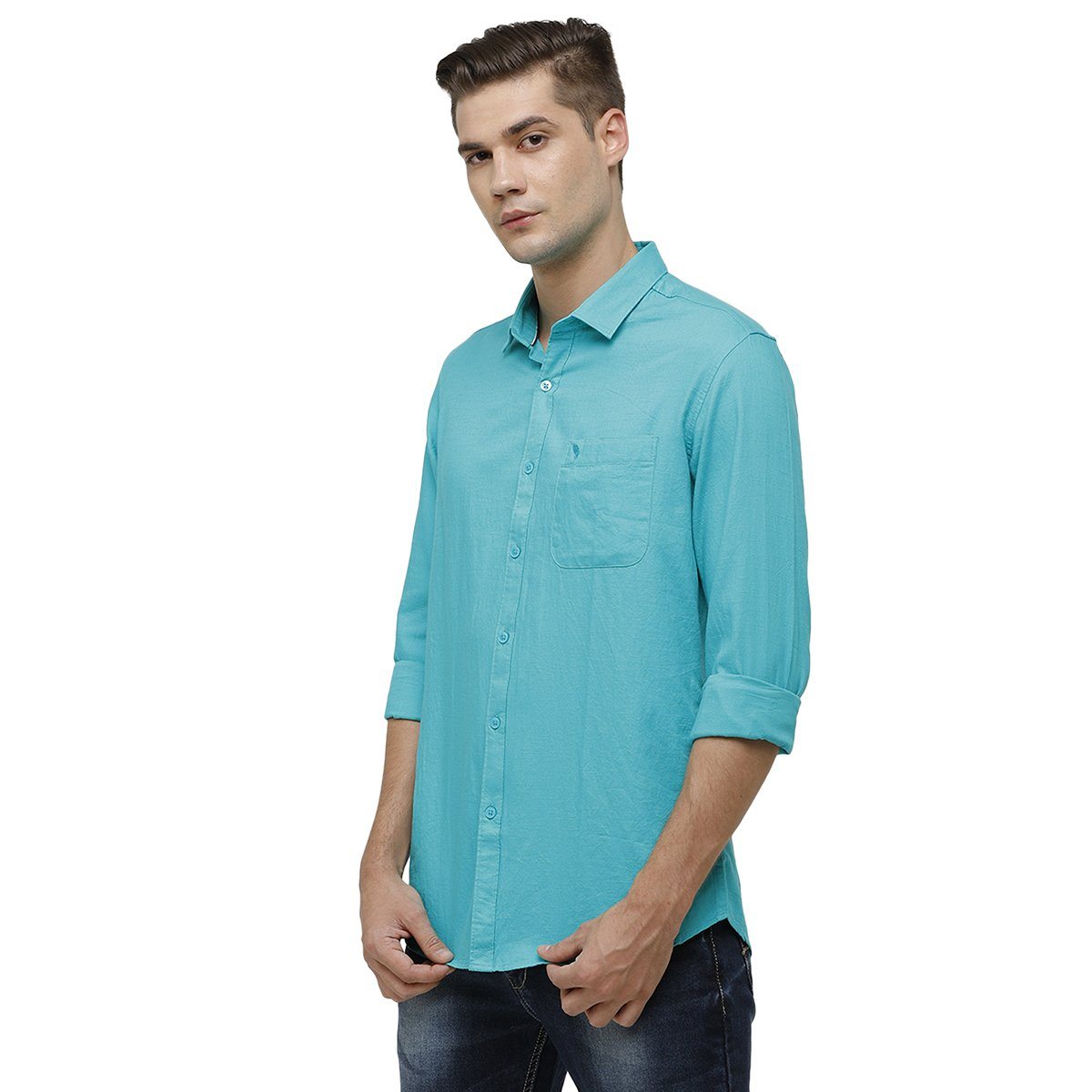 Swiss Club Mens Collar Neck Full Sleeve Turquoise Slim Fit 100% Cotton Woven Shirt S-SC-65 B-FS-SLD-SF Shirts Swiss Club 