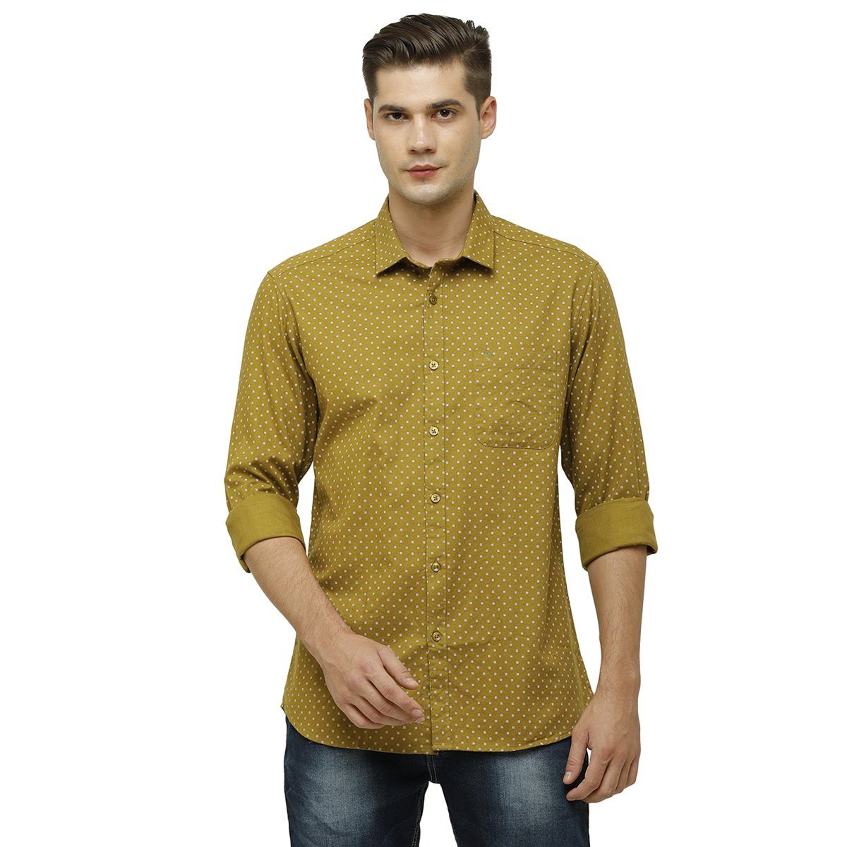 Swiss Club Mens Collar Neck Full Sleeve Olive Green Slim Fit 100% Cotton Woven Shirt S-SC-72 A-FS-PRT-SF Shirts Swiss Club 