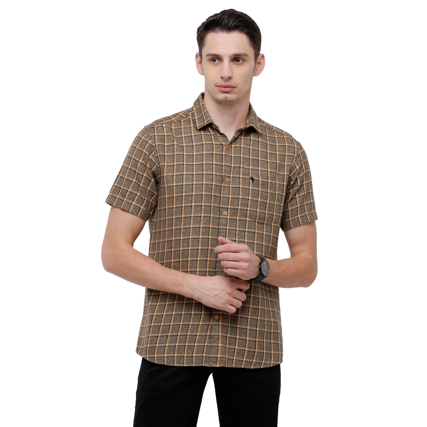 Swiss Club Mens Checkered Slim Fit Half Sleeve Collar Neck Brown Woven Shirt - S-SC-76 C-HS-CHK-SF Shirts Swiss Club 