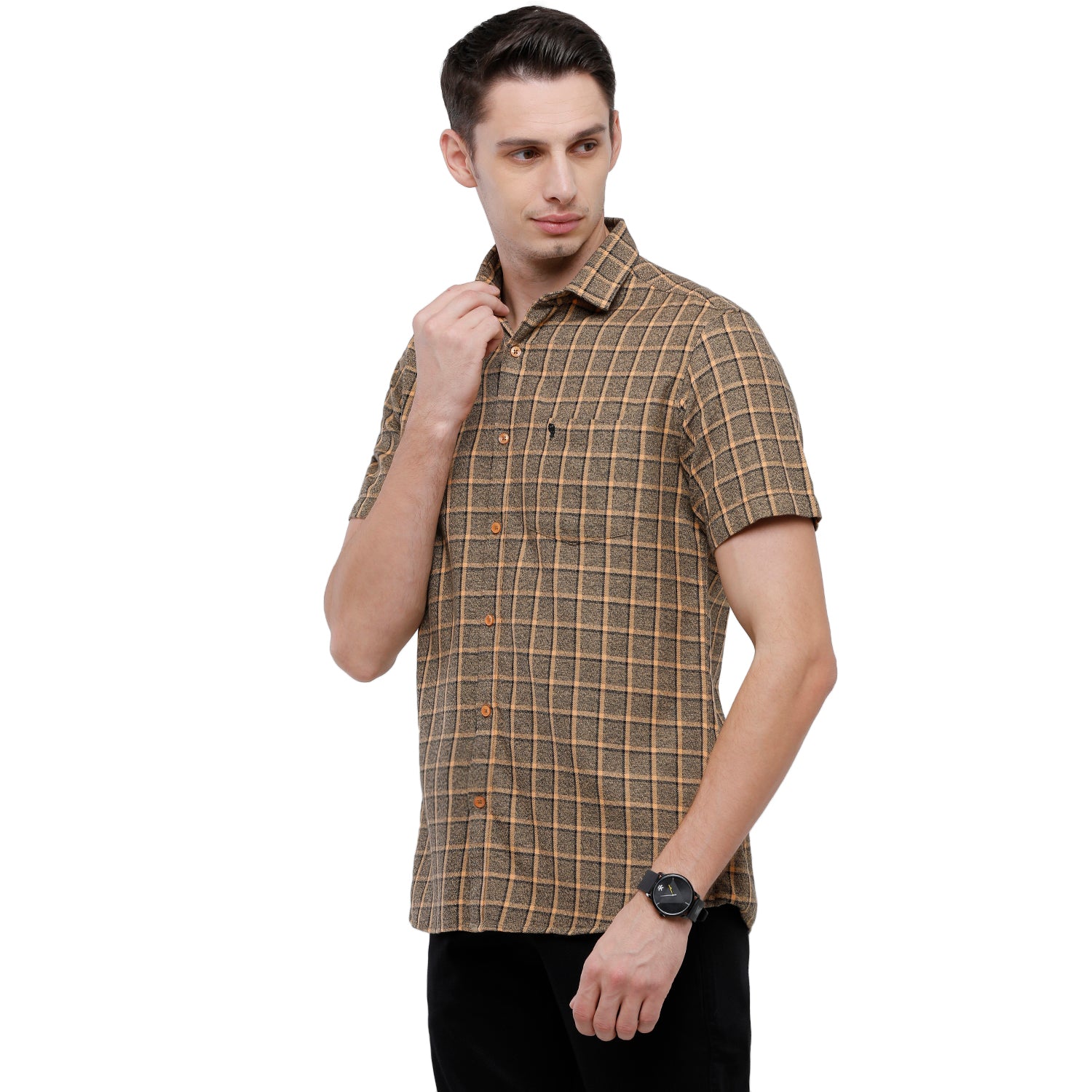 Swiss Club Mens Checkered Slim Fit Half Sleeve Collar Neck Brown Woven Shirt - S-SC-76 C-HS-CHK-SF Shirts Swiss Club 