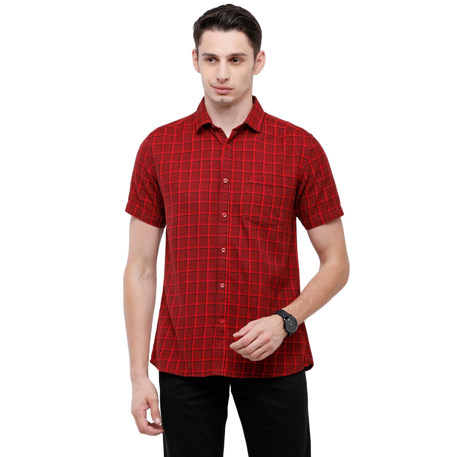 Swiss Club Mens Checkered Slim Fit Half Sleeve Collar Neck Red Woven Shirt - S-SC-76 D-HS-CHK-SF Shirts Swiss Club 