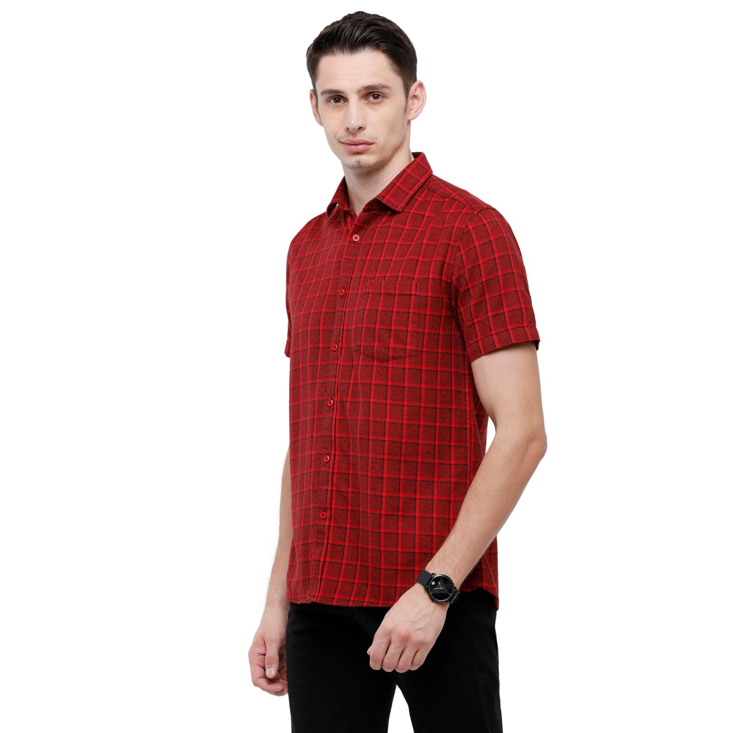 Swiss Club Mens Checkered Slim Fit Half Sleeve Collar Neck Red Woven Shirt - S-SC-76 D-HS-CHK-SF Shirts Swiss Club 