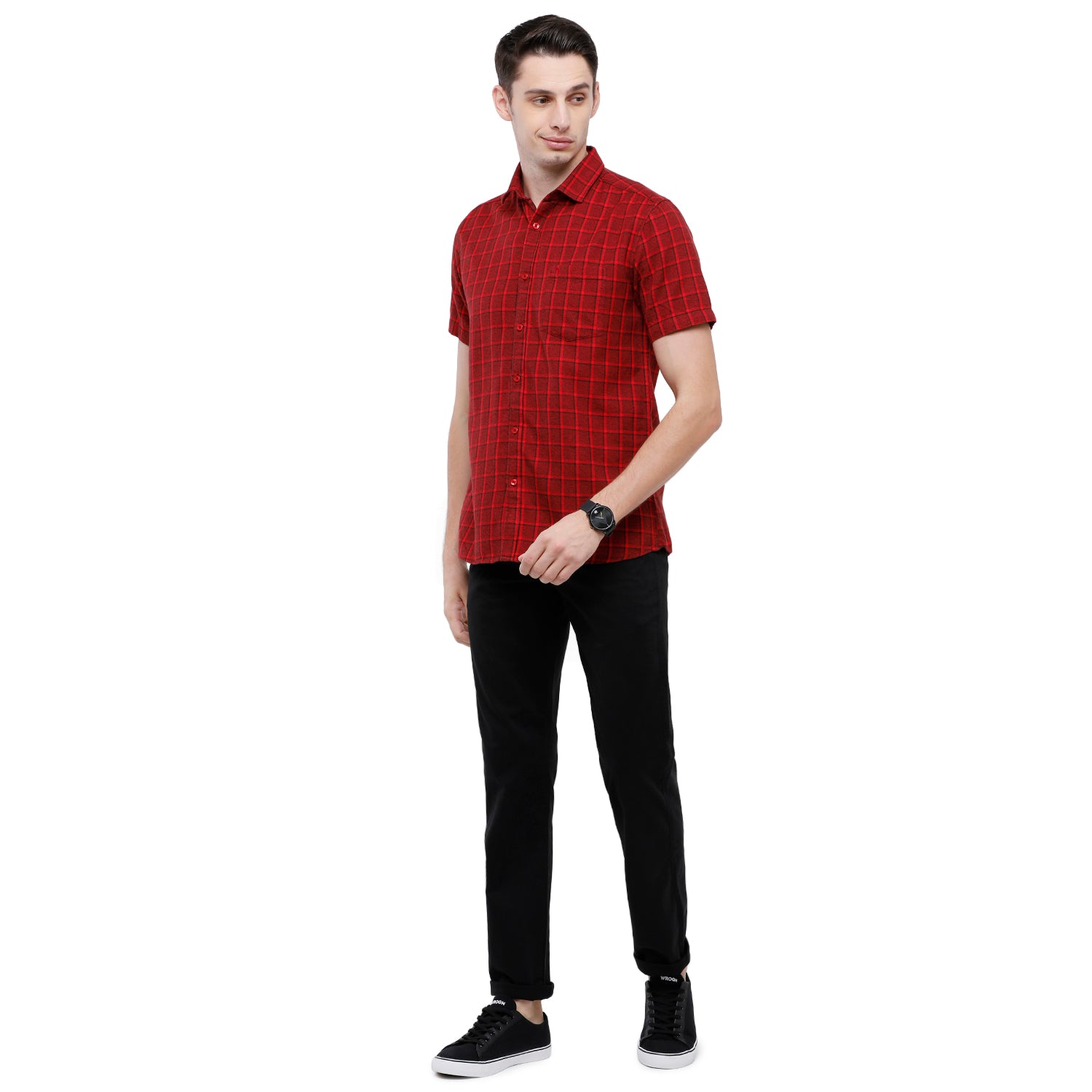 Swiss Club Mens Checkered Slim Fit Half Sleeve Collar Neck Red Woven Shirt - S-SC-76 D-HS-CHK-SF Shirts Swiss Club 