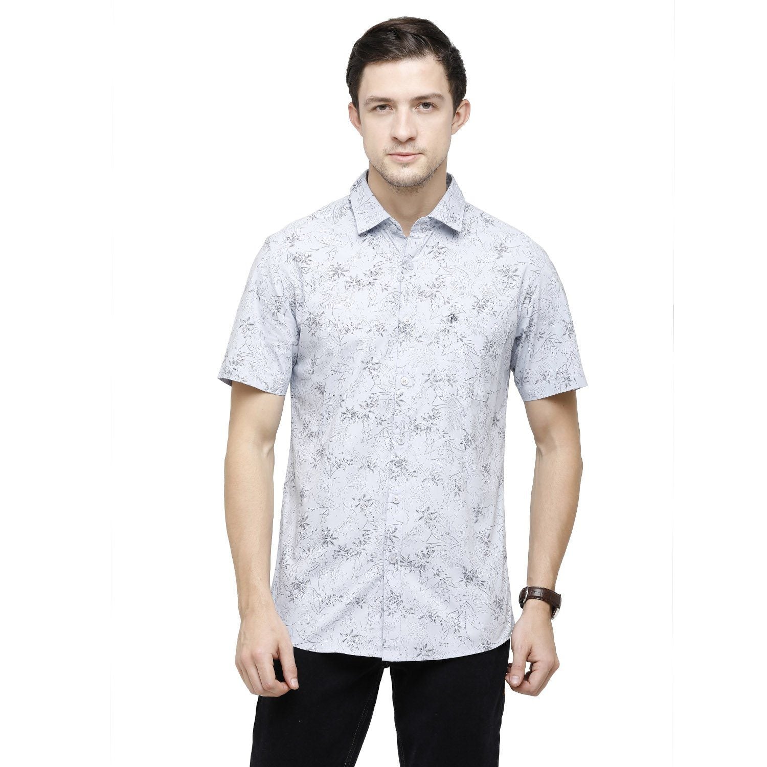 Swiss Club Mens Printed Collar Neck Half Sleeve Slim Fit Cotton White Woven Shirt ( S-SC-77 B-HS-PRT-SF ) Shirts Swiss Club 