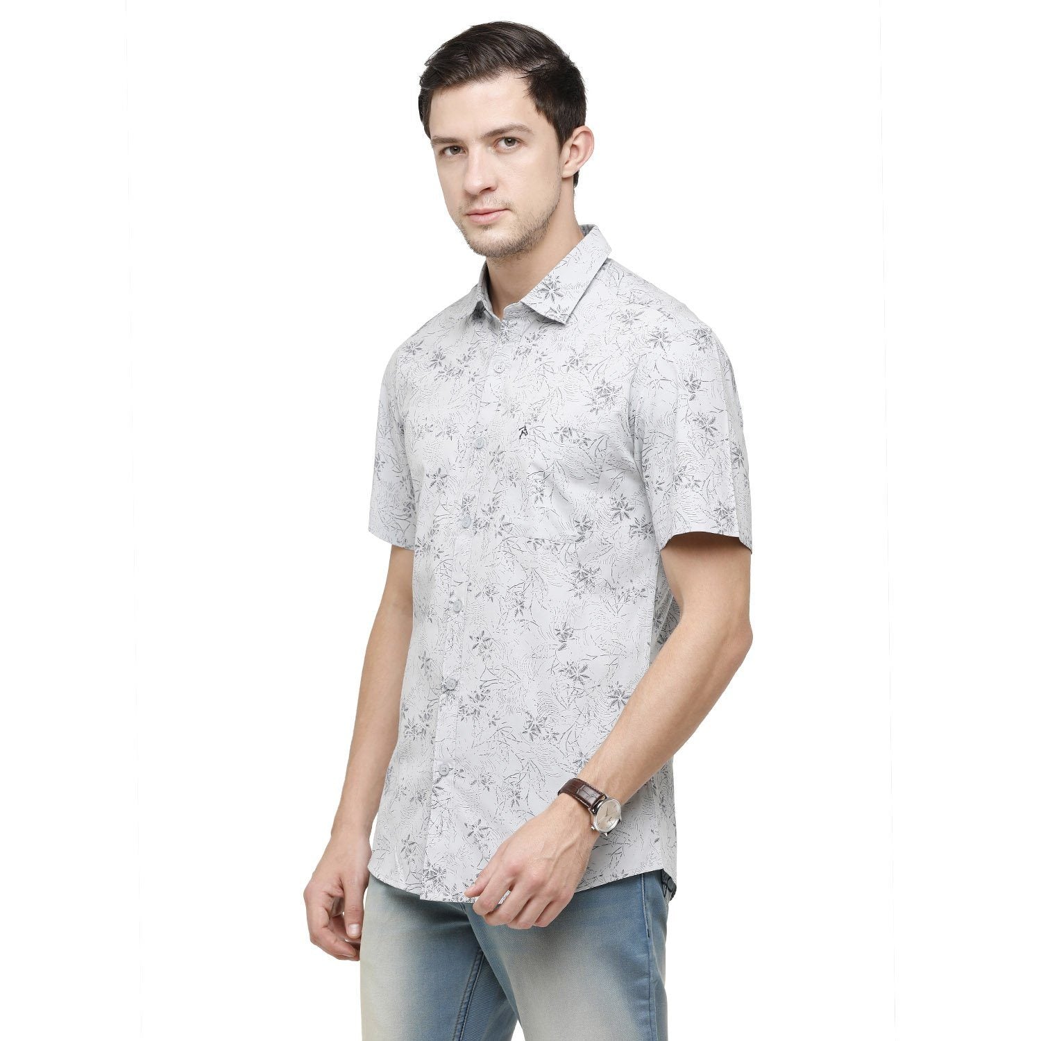 Swiss Club Mens Printed Collar Neck Half Sleeve Slim Fit 100% Cotton White Fashion Woven Shirt ( S-SC-77 C-HS-PRT-SF ) Shirts Swiss Club 