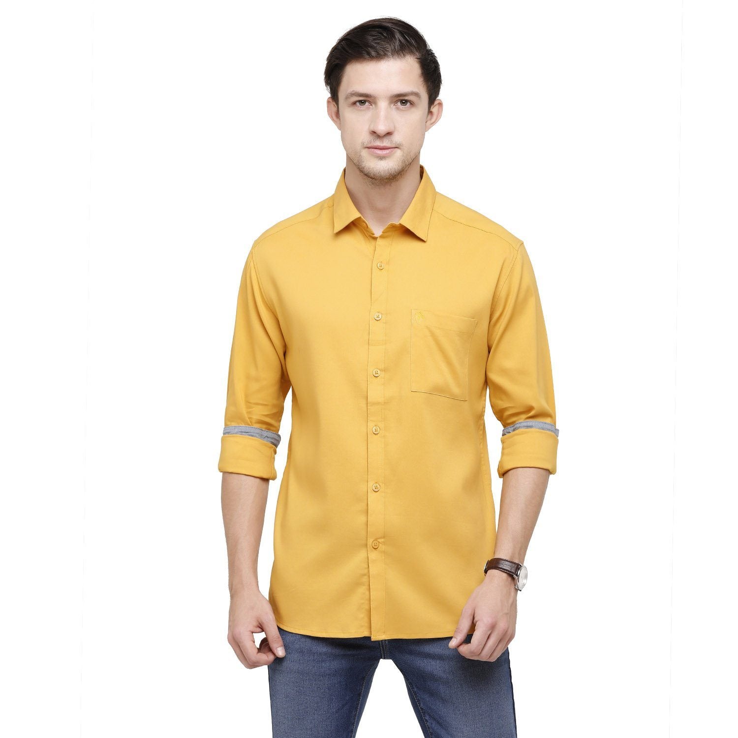 Swiss Club Mens Solid Collar Neck Full Sleeve Slim Fit Cotton Blended Yellow Fashion Woven Shirt ( S-SC-78 A-FS-SLD-SF ) Shirts Swiss Club 