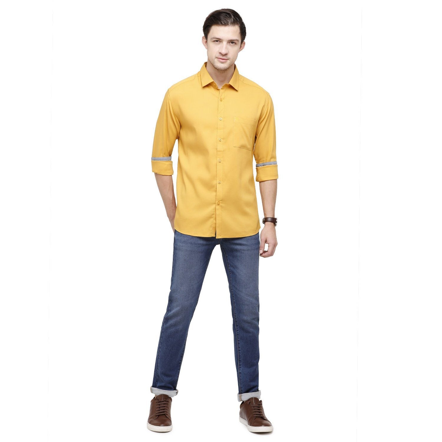 Swiss Club Mens Solid Collar Neck Full Sleeve Slim Fit Cotton Blended Yellow Fashion Woven Shirt ( S-SC-78 A-FS-SLD-SF ) Shirts Swiss Club 