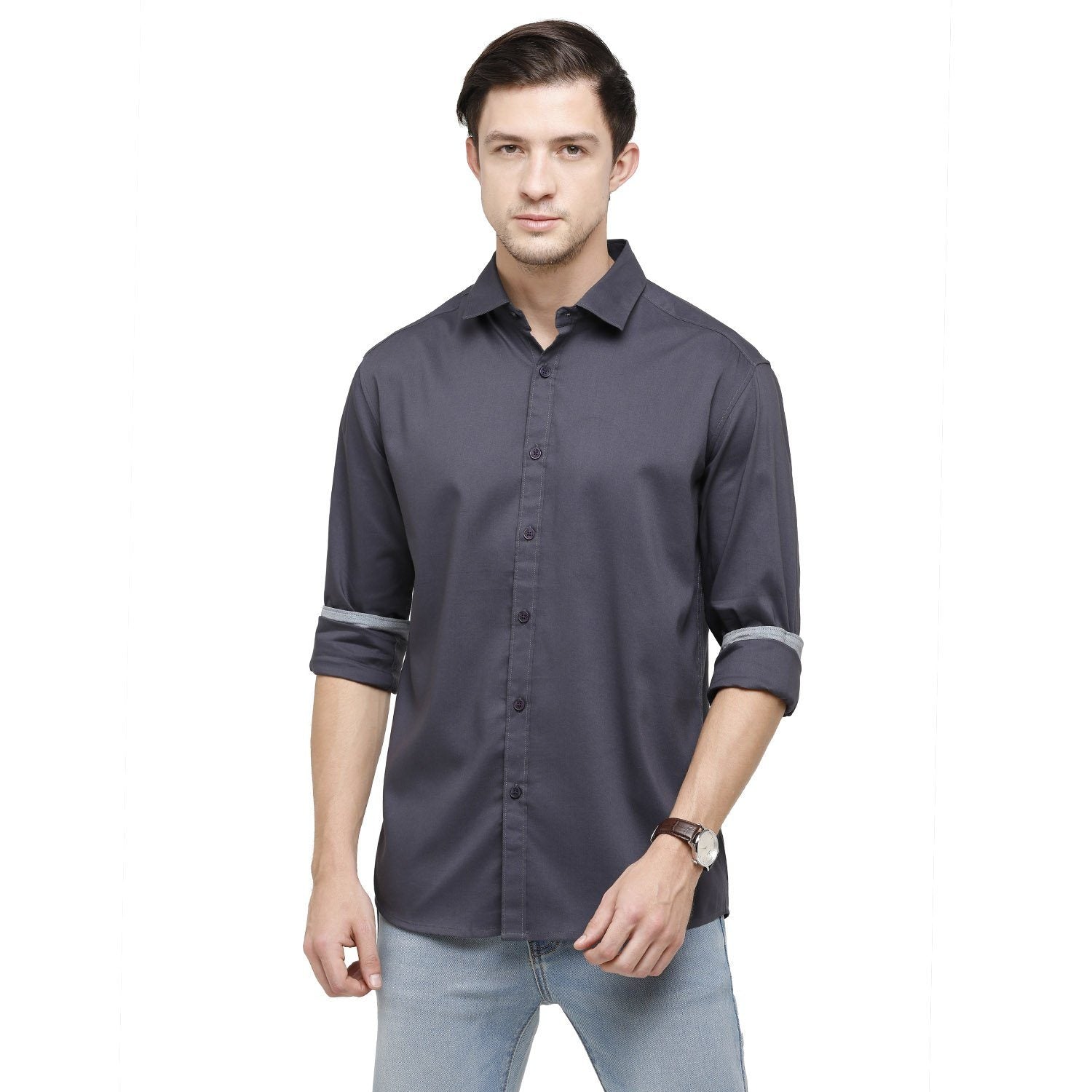 Swiss Club Mens Solid Collar Neck Full Sleeve Slim Fit Cotton Blended Grey Melange Fashion Woven Shirt ( S-SC-78 B-FS-SLD-SF ) Shirts Swiss Club 
