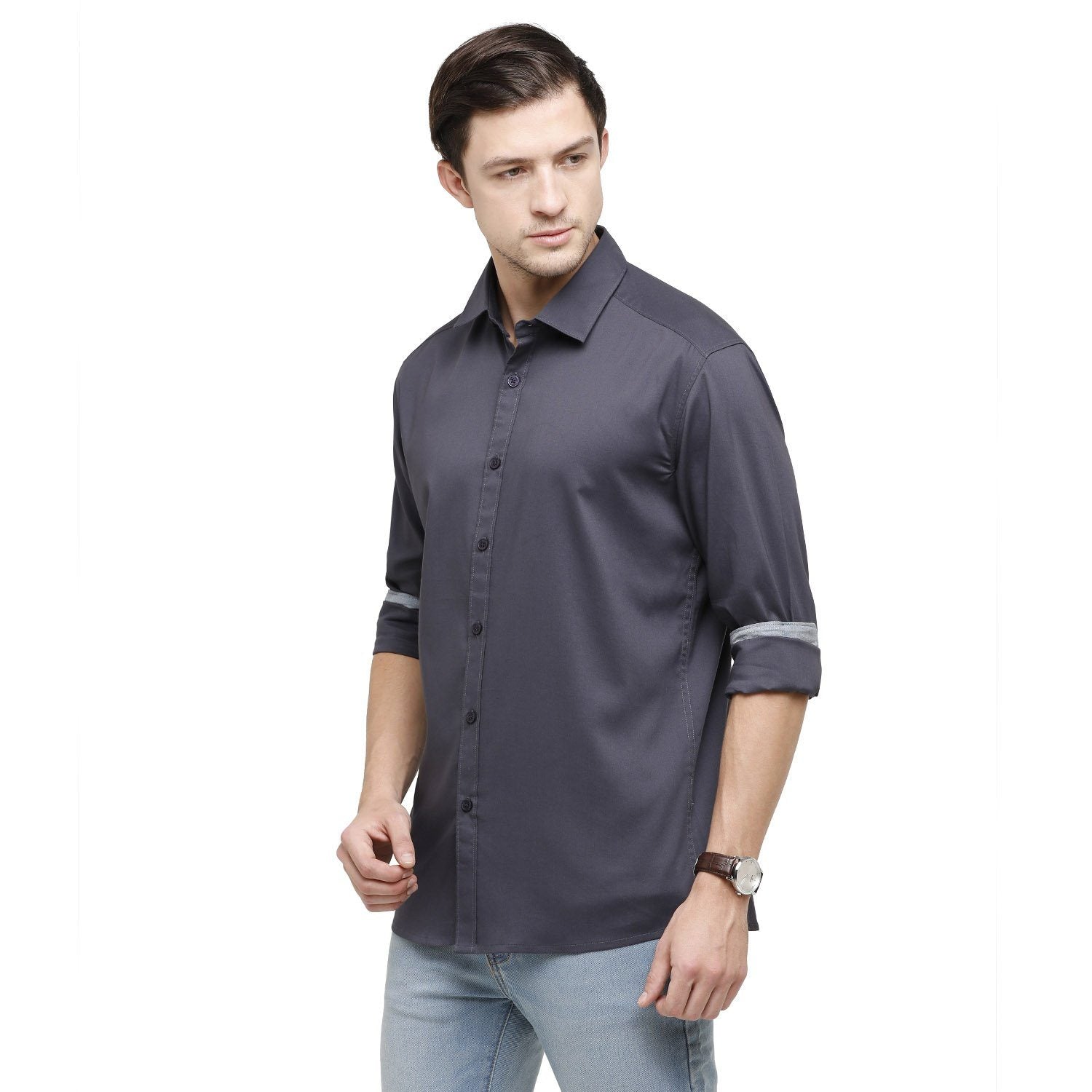 Swiss Club Mens Solid Collar Neck Full Sleeve Slim Fit Cotton Blended Grey Melange Fashion Woven Shirt ( S-SC-78 B-FS-SLD-SF ) Shirts Swiss Club 
