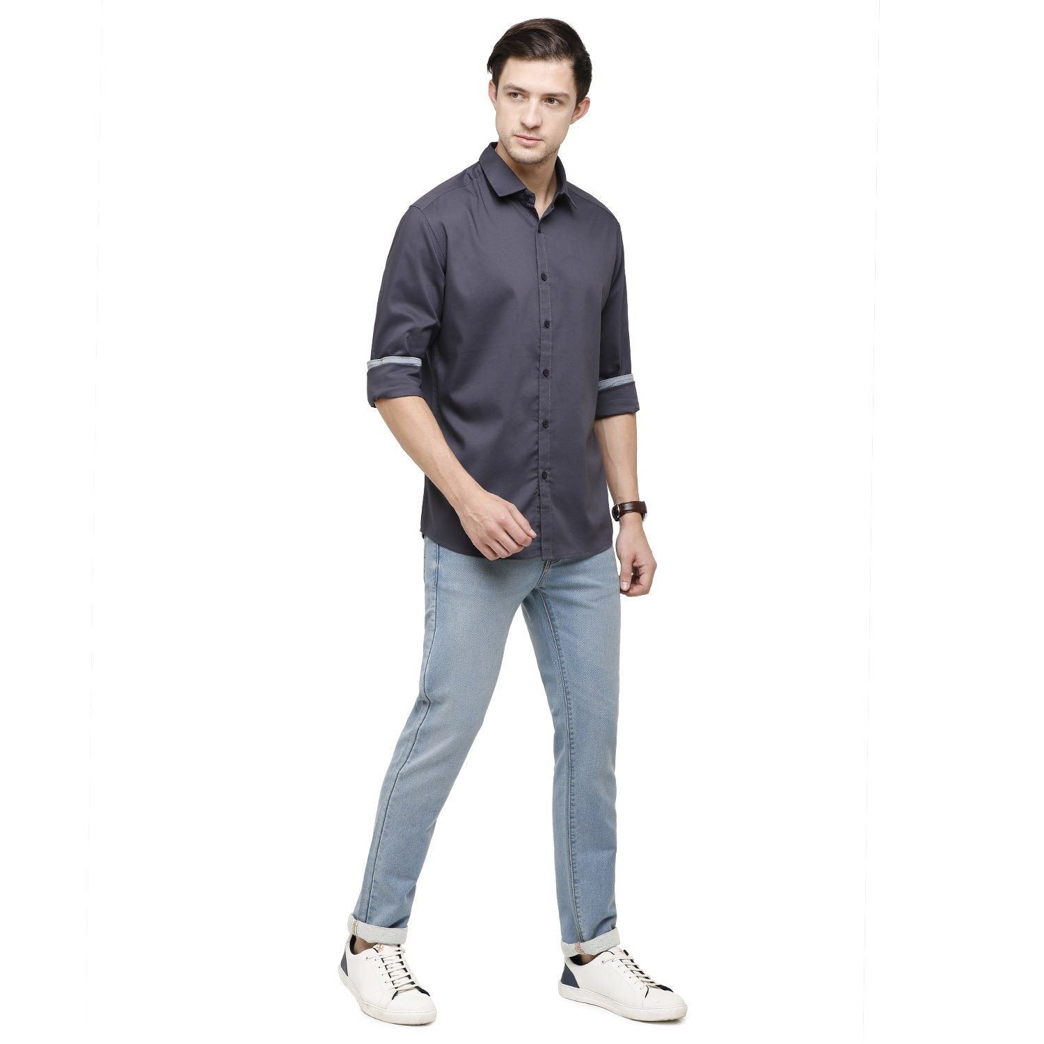Swiss Club Mens Solid Collar Neck Full Sleeve Slim Fit Cotton Blended Grey Melange Fashion Woven Shirt ( S-SC-78 B-FS-SLD-SF ) Shirts Swiss Club 