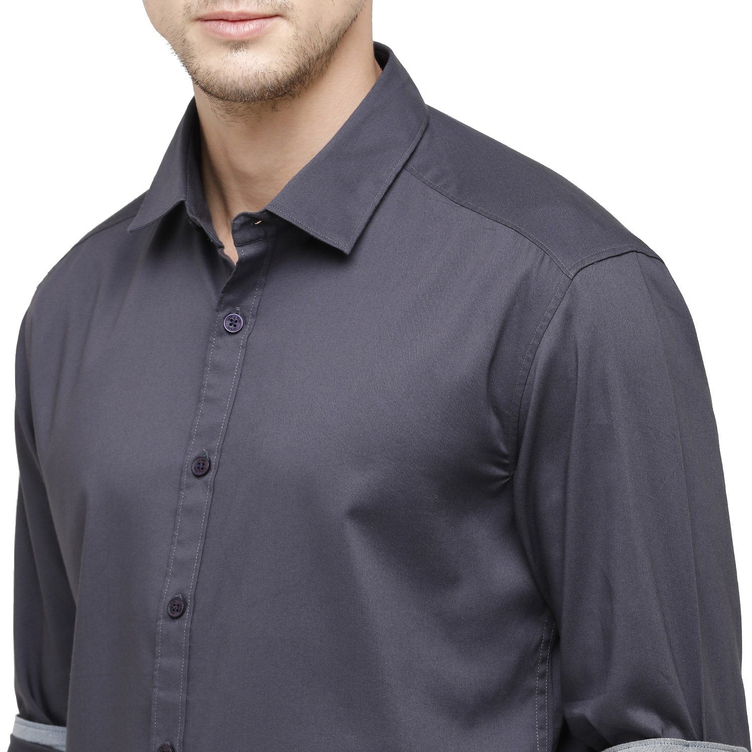 Swiss Club Mens Solid Collar Neck Full Sleeve Slim Fit Cotton Blended Grey Melange Fashion Woven Shirt ( S-SC-78 B-FS-SLD-SF ) Shirts Swiss Club 