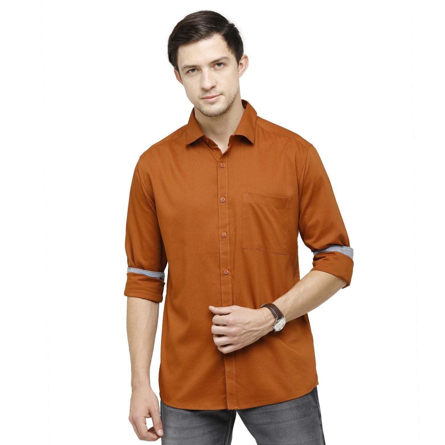 Swiss Club Mens Solid Collar Neck Full Sleeve Slim Fit Cotton Blended Orange Fashion Woven Shirt ( S-SC-78 C-FS-SLD-SF ) Shirts Swiss Club 