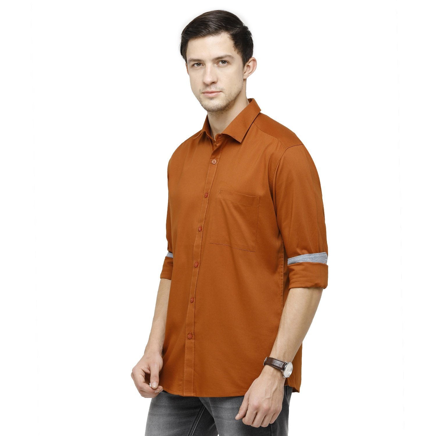Swiss Club Mens Solid Collar Neck Full Sleeve Slim Fit Cotton Blended Orange Fashion Woven Shirt ( S-SC-78 C-FS-SLD-SF ) Shirts Swiss Club 