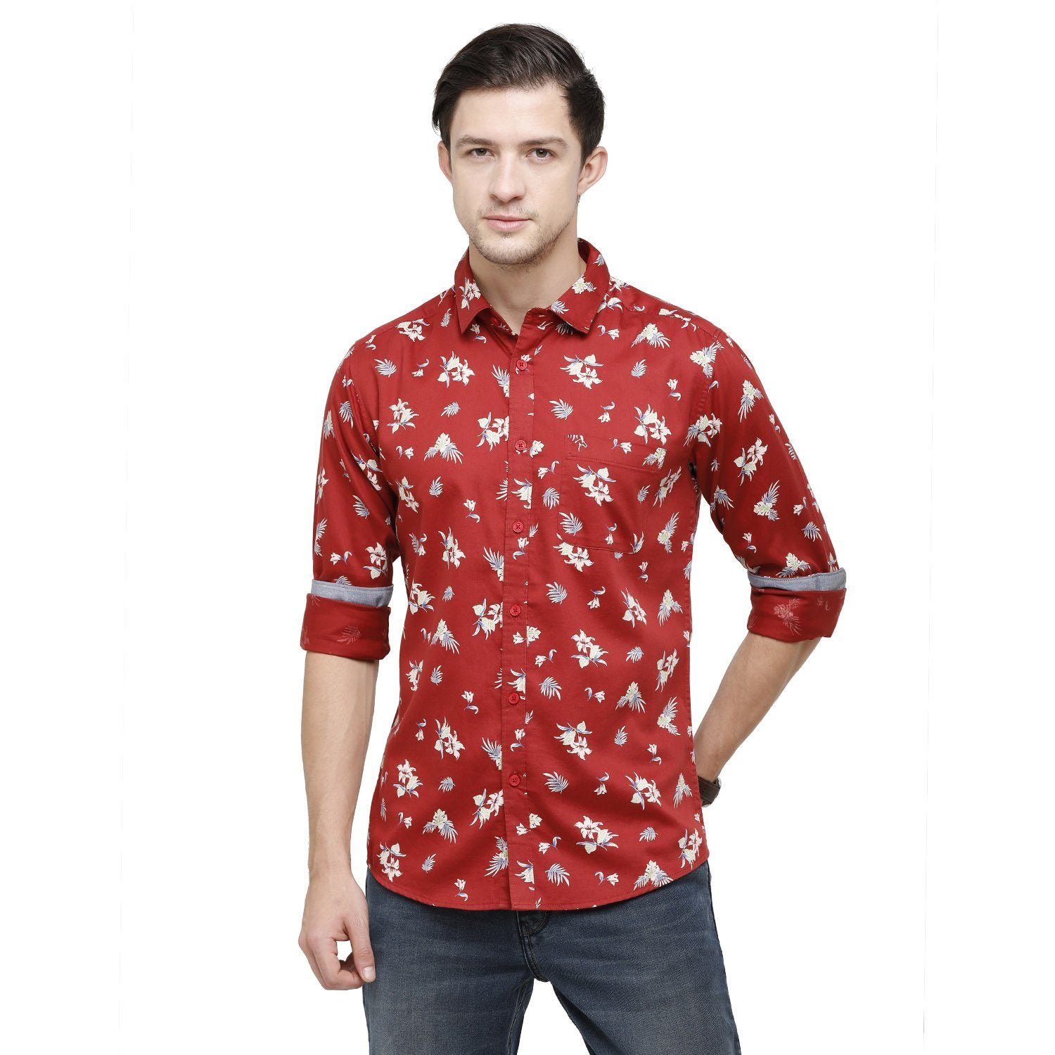 Swiss Club Mens Printed Collar Neck Full Sleeve Slim Fit 100% Cotton Red Fashion Woven Shirt ( S-SC-90 A-FS-PRT-SF ) Shirts Swiss Club 