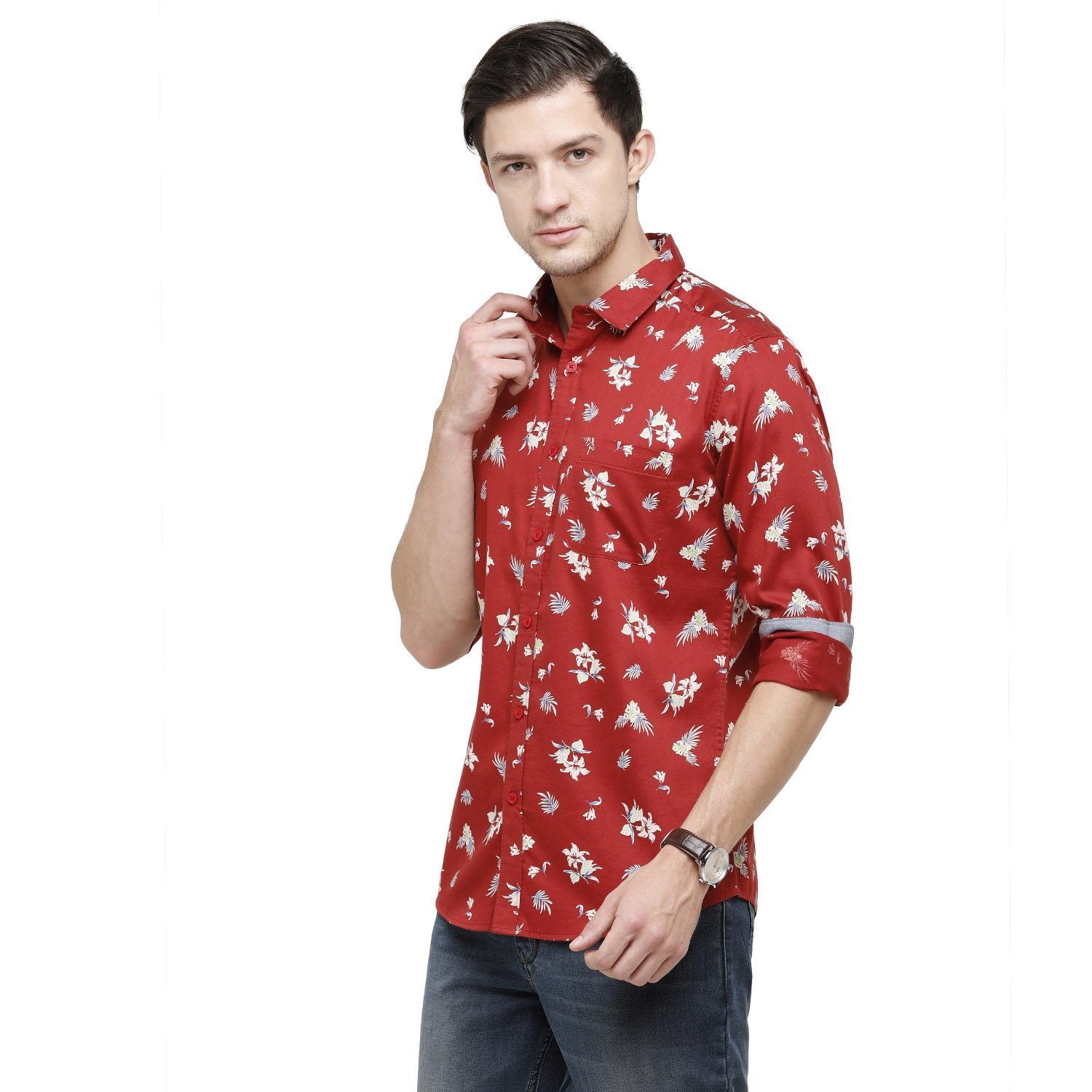 Swiss Club Mens Printed Collar Neck Full Sleeve Slim Fit 100% Cotton Red Fashion Woven Shirt ( S-SC-90 A-FS-PRT-SF ) Shirts Swiss Club 
