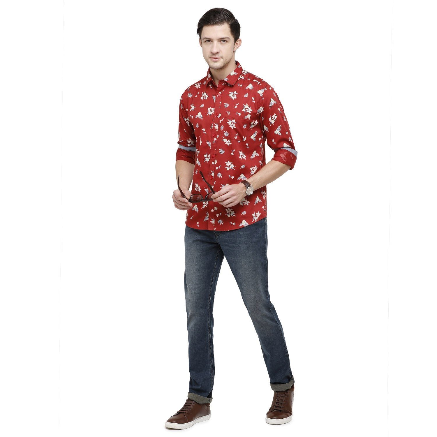 Swiss Club Mens Printed Collar Neck Full Sleeve Slim Fit 100% Cotton Red Fashion Woven Shirt ( S-SC-90 A-FS-PRT-SF ) Shirts Swiss Club 