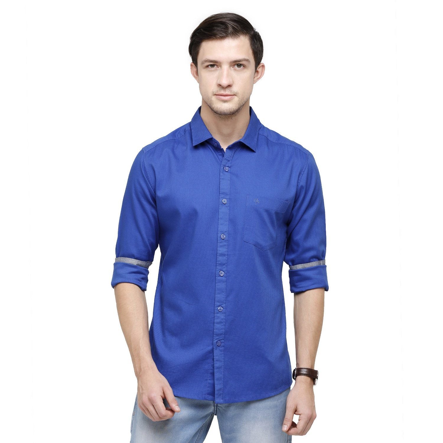 Swiss Club Mens Solid Collar Neck Full Sleeve Slim Fit 100% Cotton Royal Blue Fashion Woven Shirt ( S-SC-91 B-FS-SLD-SF ) Shirts Swiss Club 