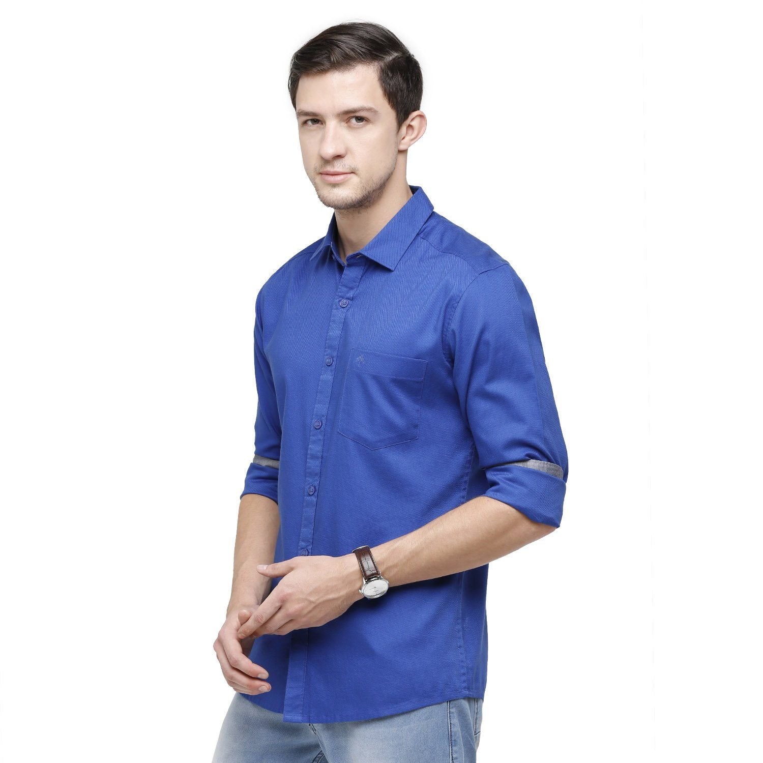 Swiss Club Mens Solid Collar Neck Full Sleeve Slim Fit 100% Cotton Royal Blue Fashion Woven Shirt ( S-SC-91 B-FS-SLD-SF ) Shirts Swiss Club 