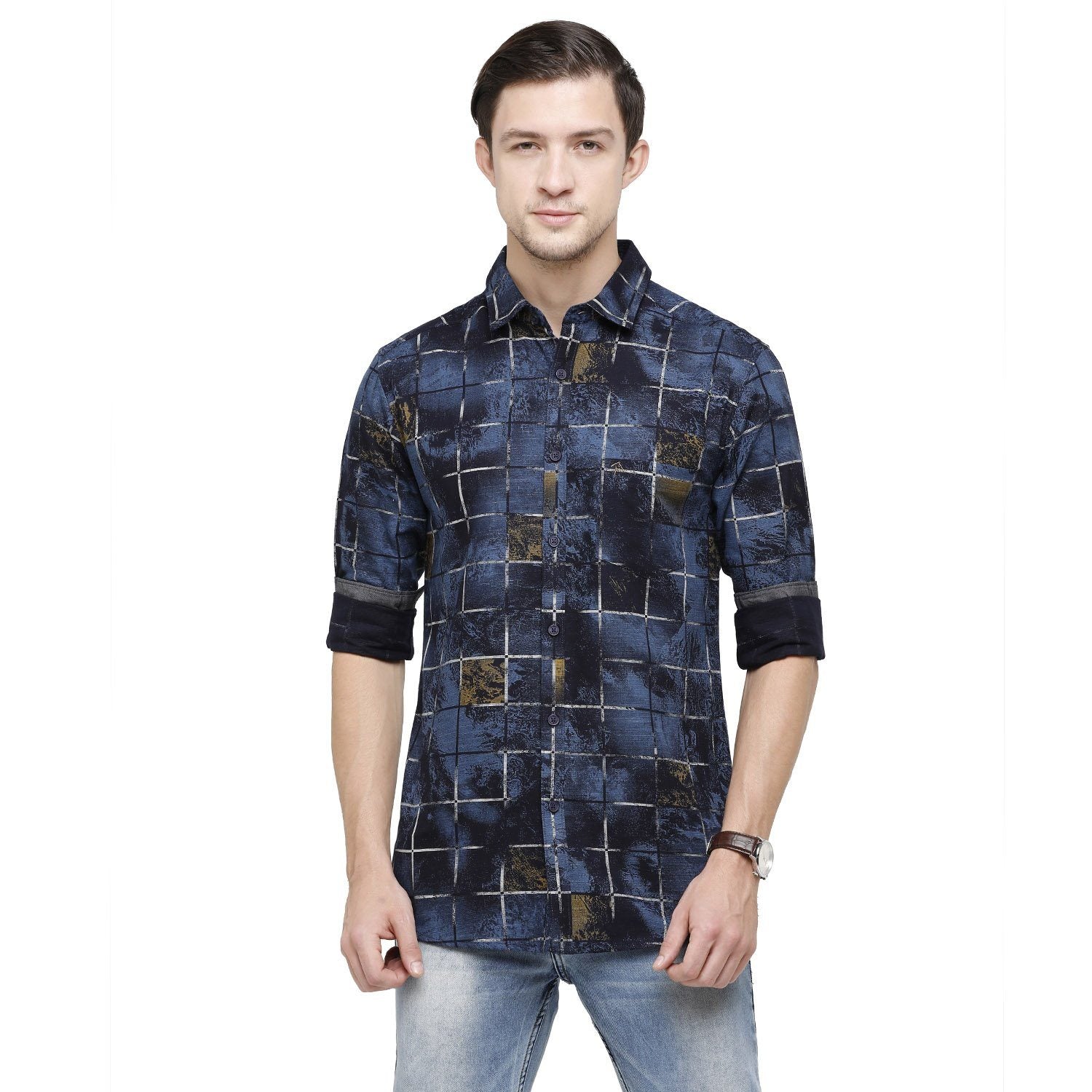 Swiss Club Mens Printed Collar Neck Full Sleeve Slim Fit Cotton Navy Woven Shirt ( S-SC-92 A-FS-PRT-SF ) Shirts Swiss Club 