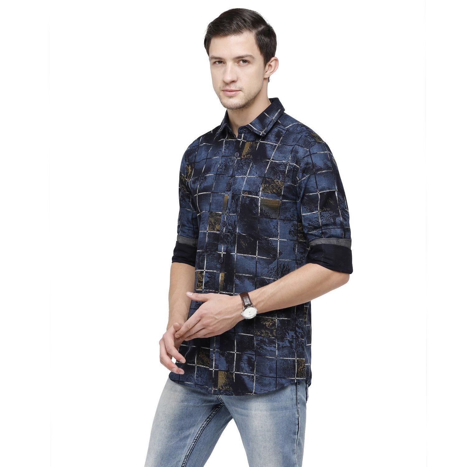 Swiss Club Mens Printed Collar Neck Full Sleeve Slim Fit Cotton Navy Woven Shirt ( S-SC-92 A-FS-PRT-SF ) Shirts Swiss Club 