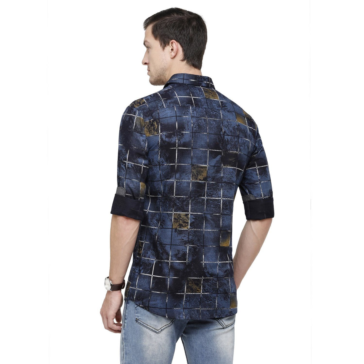 Swiss Club Mens Printed Collar Neck Full Sleeve Slim Fit Cotton Navy Woven Shirt ( S-SC-92 A-FS-PRT-SF ) Shirts Swiss Club 