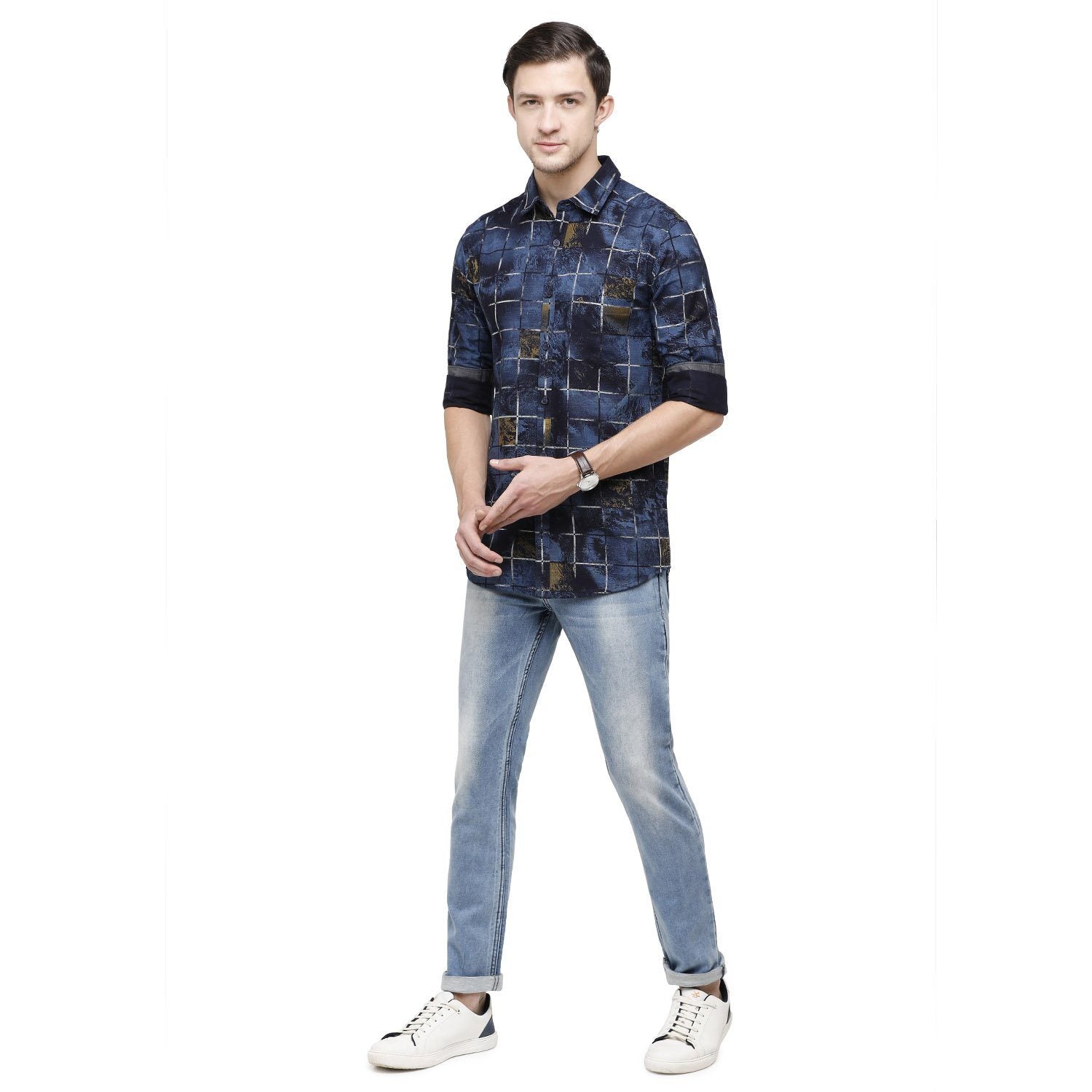 Swiss Club Mens Printed Collar Neck Full Sleeve Slim Fit Cotton Navy Woven Shirt ( S-SC-92 A-FS-PRT-SF ) Shirts Swiss Club 