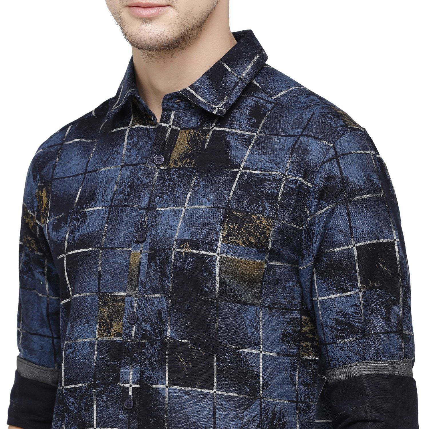 Swiss Club Mens Printed Collar Neck Full Sleeve Slim Fit Cotton Navy Woven Shirt ( S-SC-92 A-FS-PRT-SF ) Shirts Swiss Club 