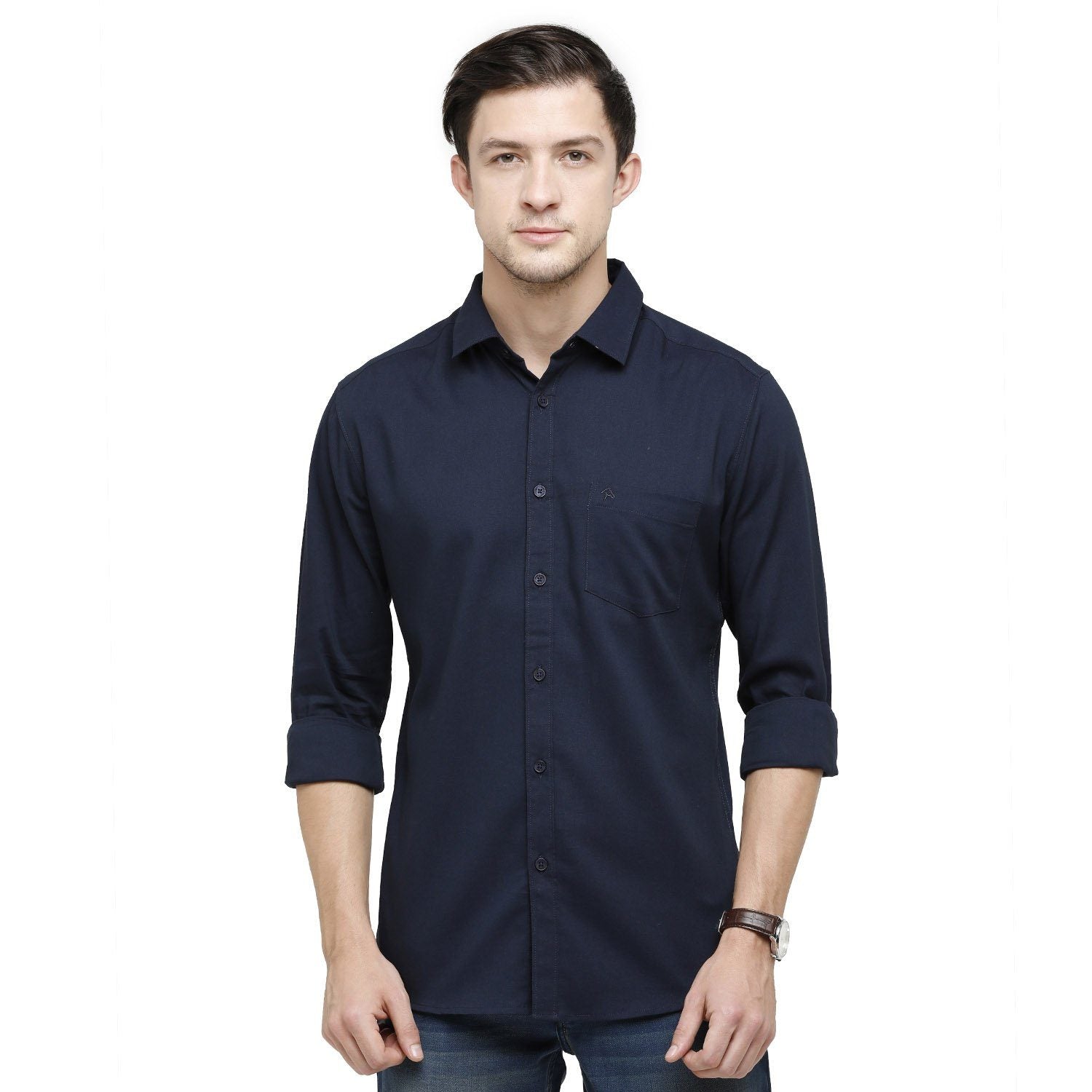 Swiss Club Mens Solid Collar Neck Full Sleeve Slim Fit Cotton Blended Navy Blue Fashion Woven Shirt ( S-SC-97 A-FS-SLD-SF ) Shirts Swiss Club 