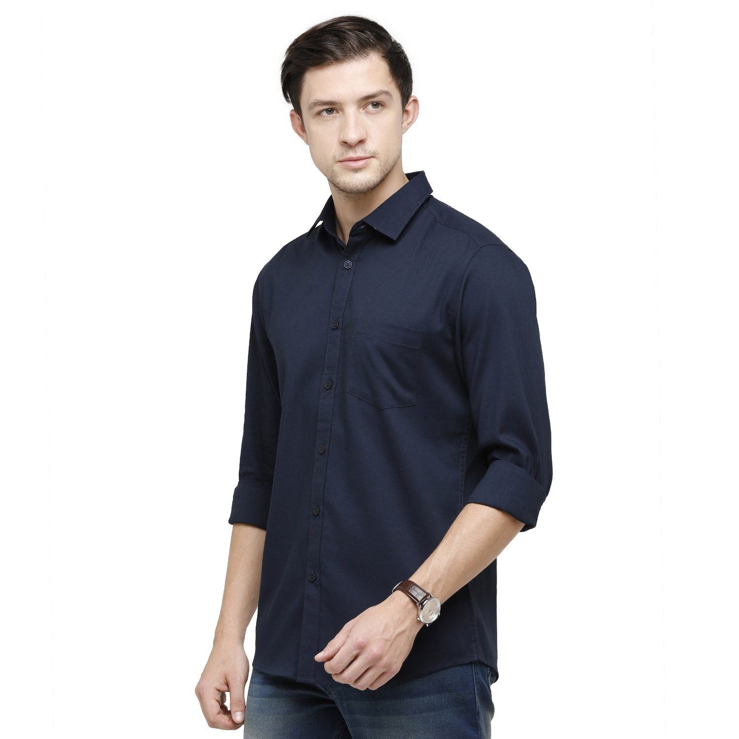Swiss Club Mens Solid Collar Neck Full Sleeve Slim Fit Cotton Blended Navy Blue Fashion Woven Shirt ( S-SC-97 A-FS-SLD-SF ) Shirts Swiss Club 