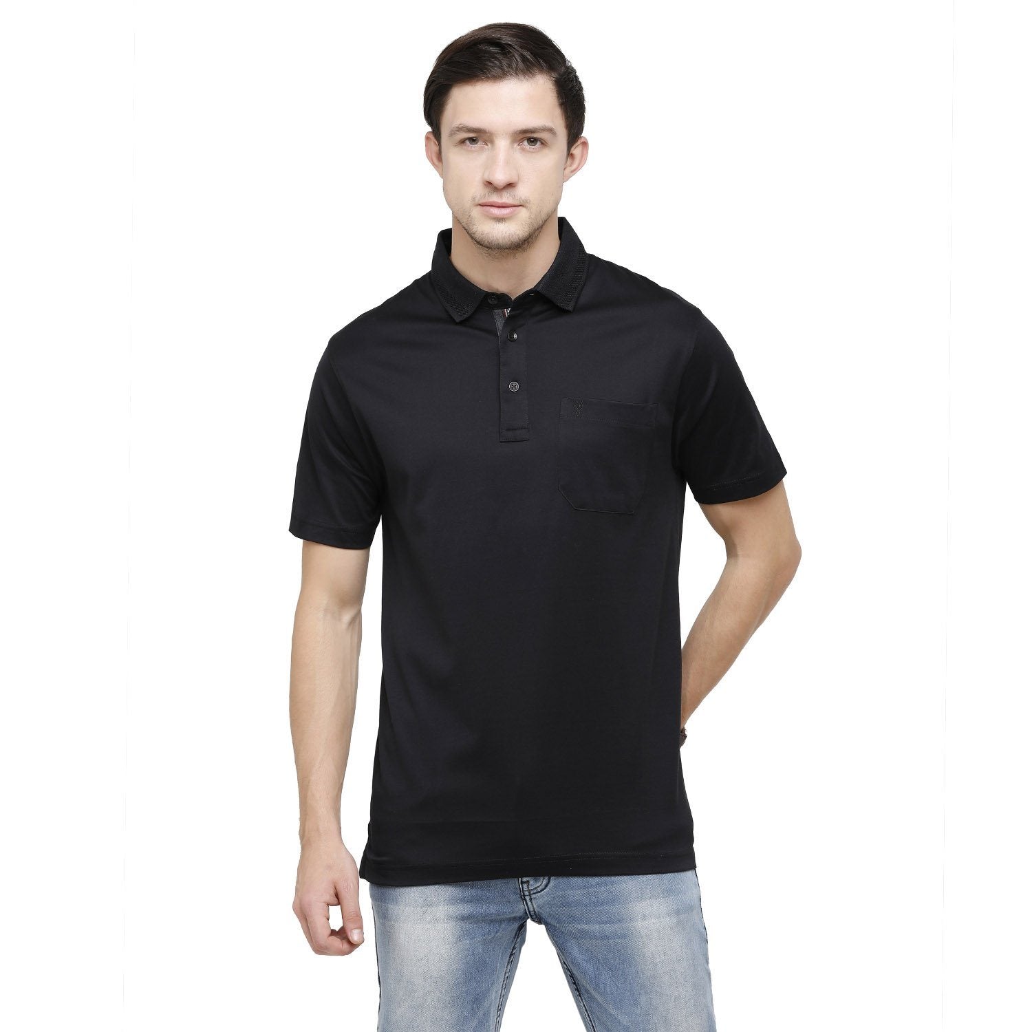 Classic Polo Mens Solid Polo Neck Half Sleeve Regular Fit 100% Cotton Black T-Shirt ( SEDOS-BLACK AF P ) T-shirt Classic Polo 