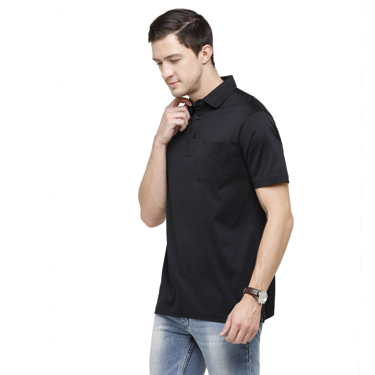 Classic Polo Mens Solid Polo Neck Half Sleeve Regular Fit 100% Cotton Black T-Shirt ( SEDOS-BLACK AF P ) T-shirt Classic Polo 